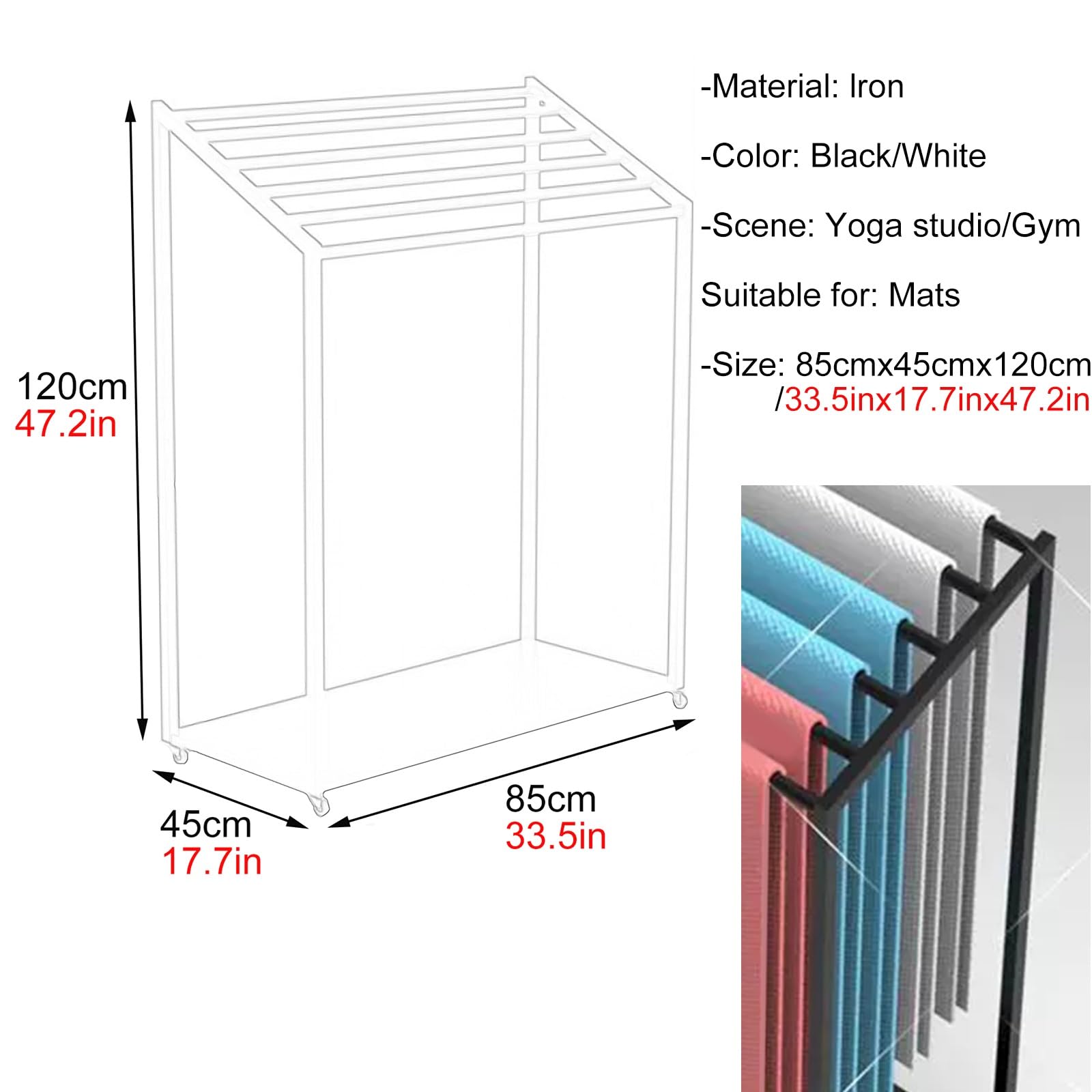 AMUFJJ Adjustable Yoga Mat Rack with Wheels - Yoga Mat & Towel Organizer Stand for Home Gym & Studio - Portable Exercise Equipment Storage (Black, 85x45x120cm) - Perfect for Small Spaces & Yoga Mat Drying