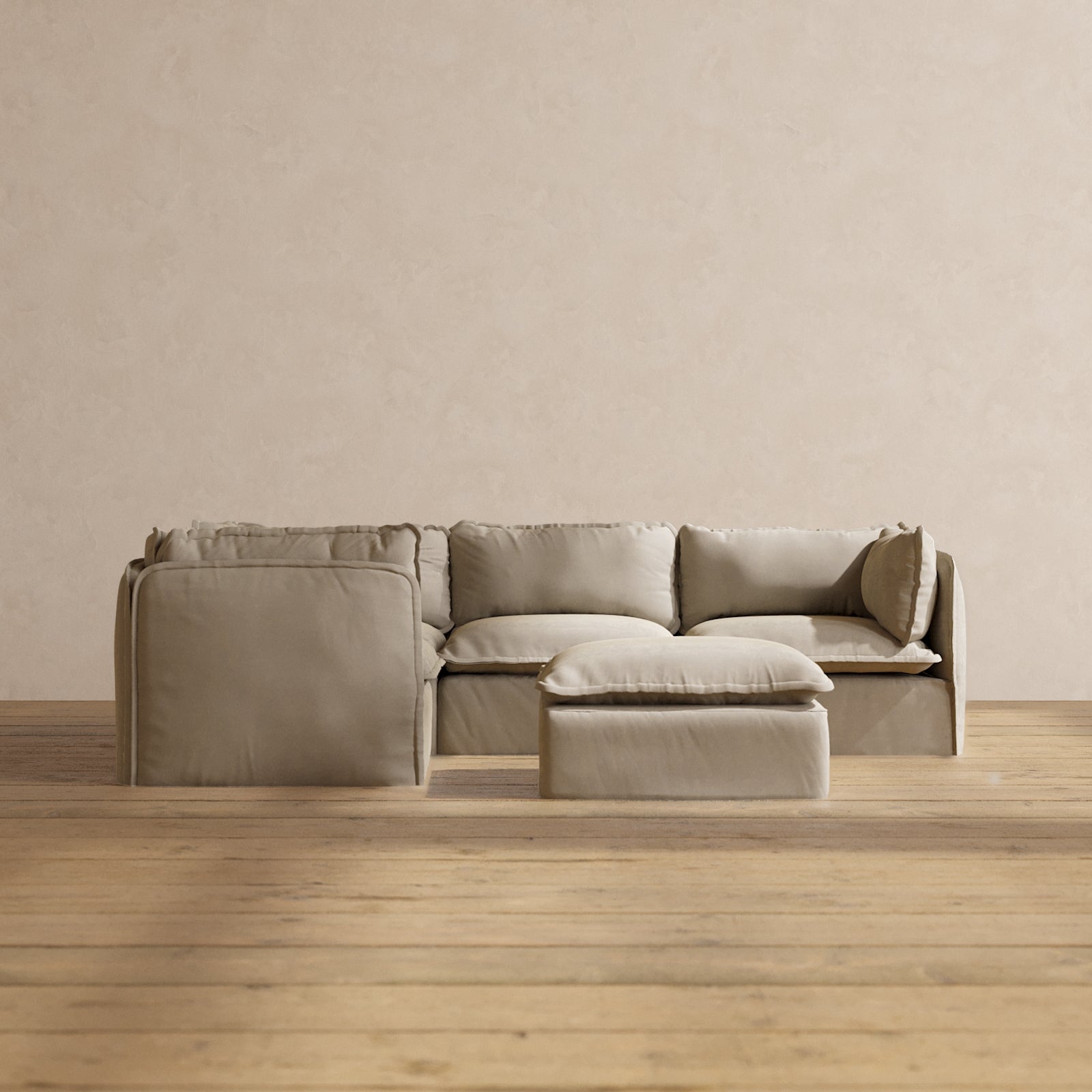 Modular Performance 4-Seater Corner Sectional Sofa with Ottoman in Dune Fabric | Relaxed Blend L-Shaped Couch for Living Room, Family Room & Lounge Areas