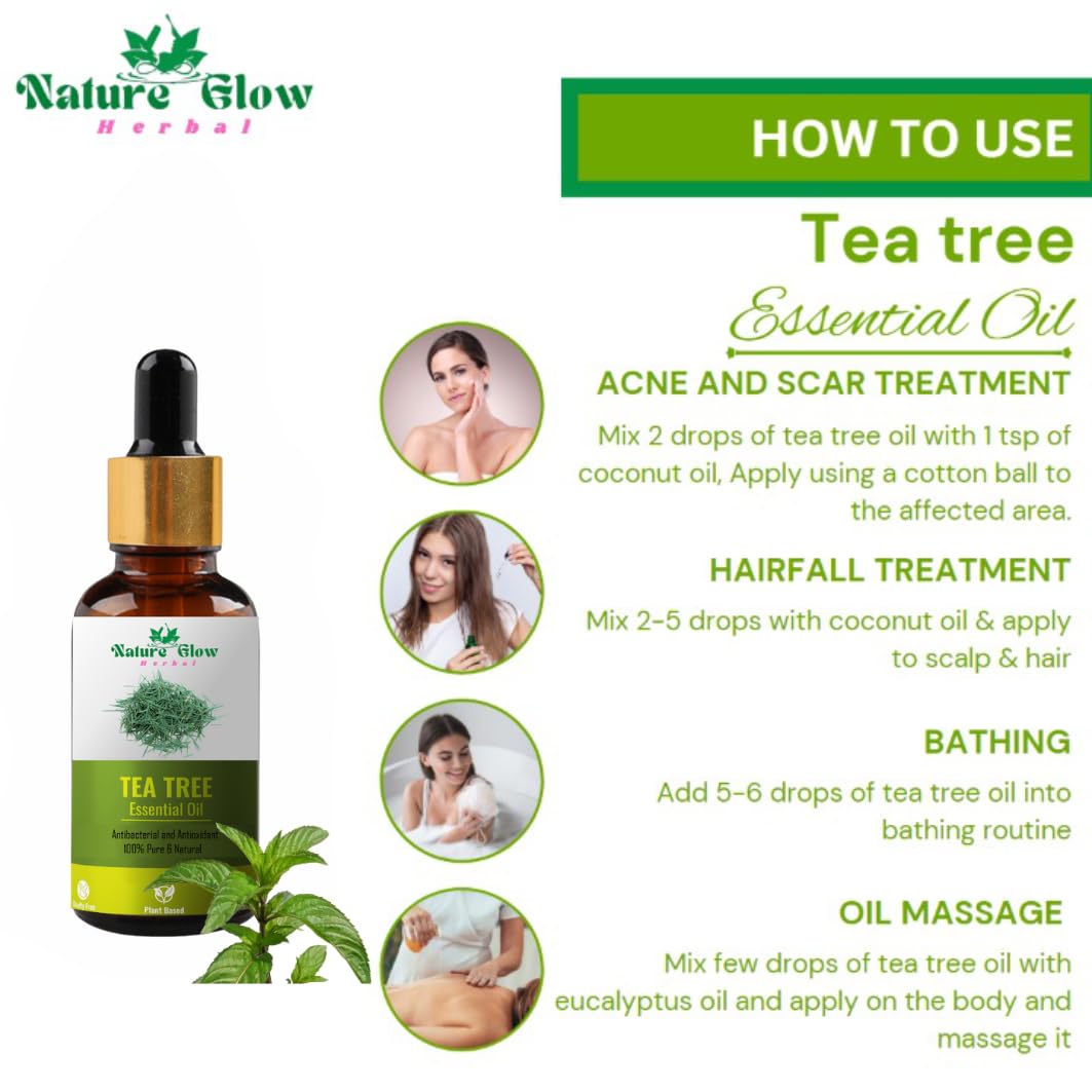 Nature Glow Herbal Tea Tree Essential Oil - 100% Pure, Undiluted for Acne, Pimples, Scars & Skin Care | Face & Hair Treatment | Anti-Dandruff Solution | Therapeutic Grade Aromatherapy Oil (15ml) - Perfect for DIY Beauty, Massage & Home Remedies