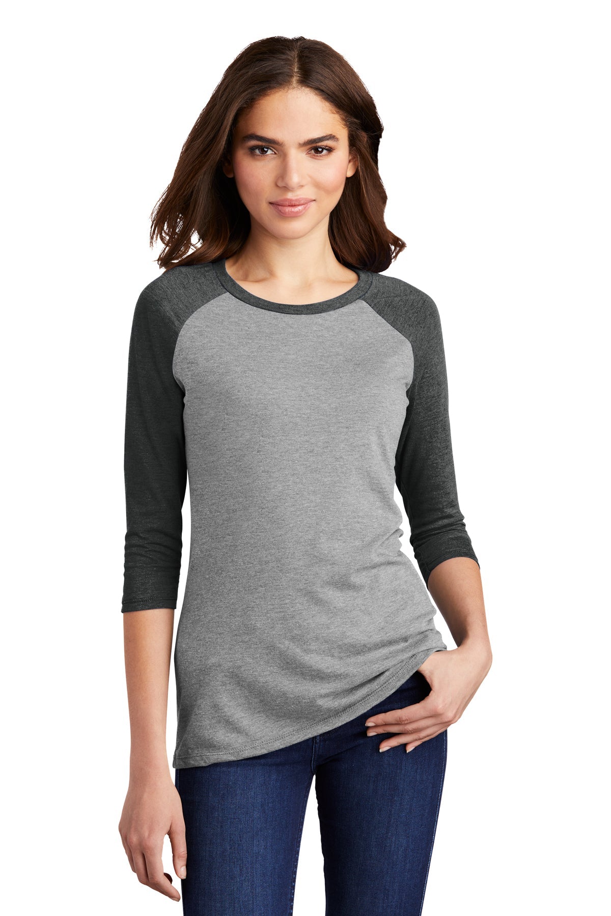 District Made Women's Perfect Tri 3/4 Sleeve T-Shirt - Black Frost/Grey Frost - Casual Wear, Layering Essential & Everyday Comfort