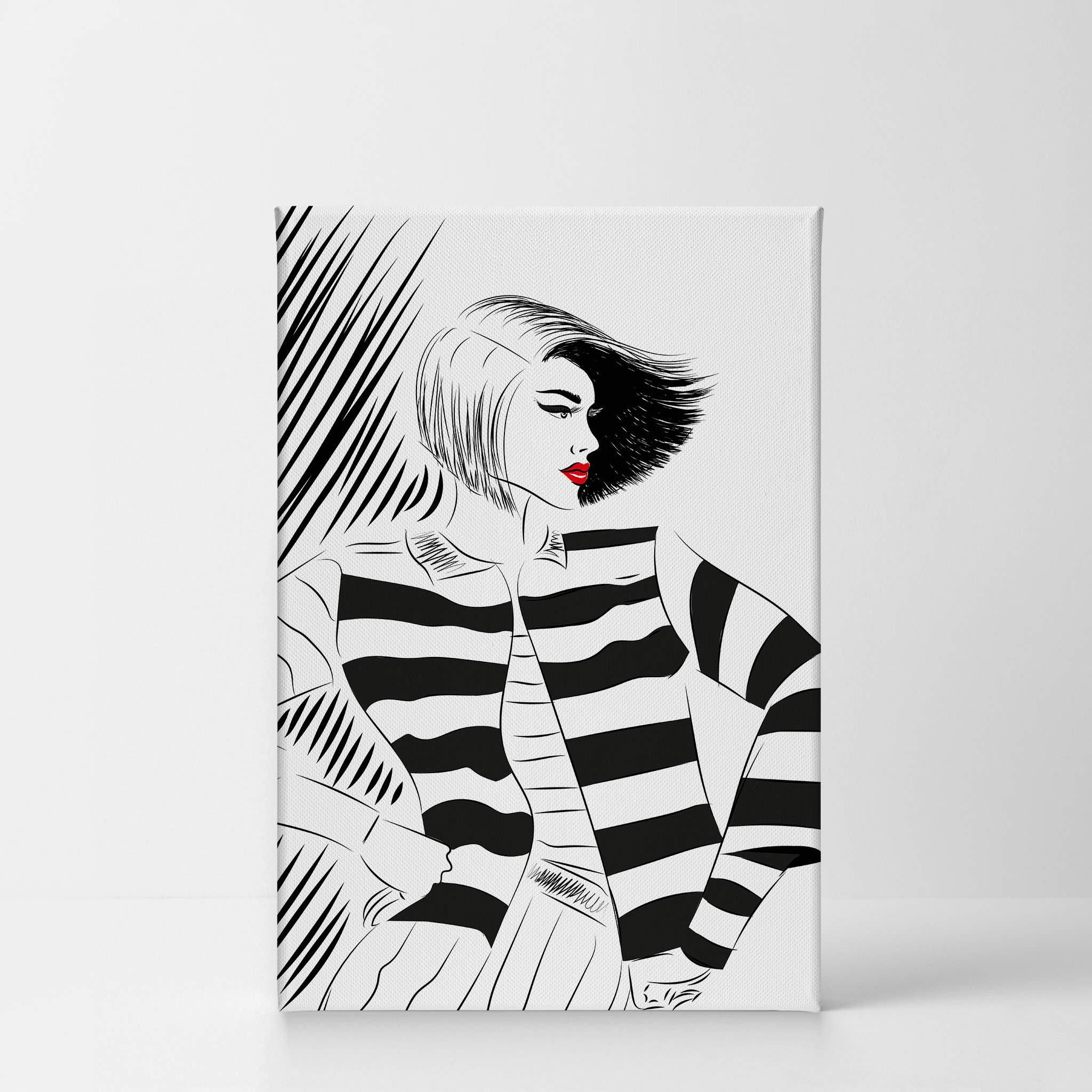 Black and White Lady Red Lips Sketch Glam Fashion Canvas Wall Art Print - Modern Home Office Decor, Teen Girl Room & Women's Dorm Bedroom Living Room Wall Decor - Ready to Hang 36x24 Inches - Perfect for Bathroom, Bedroom & Living Room Wall Decoration