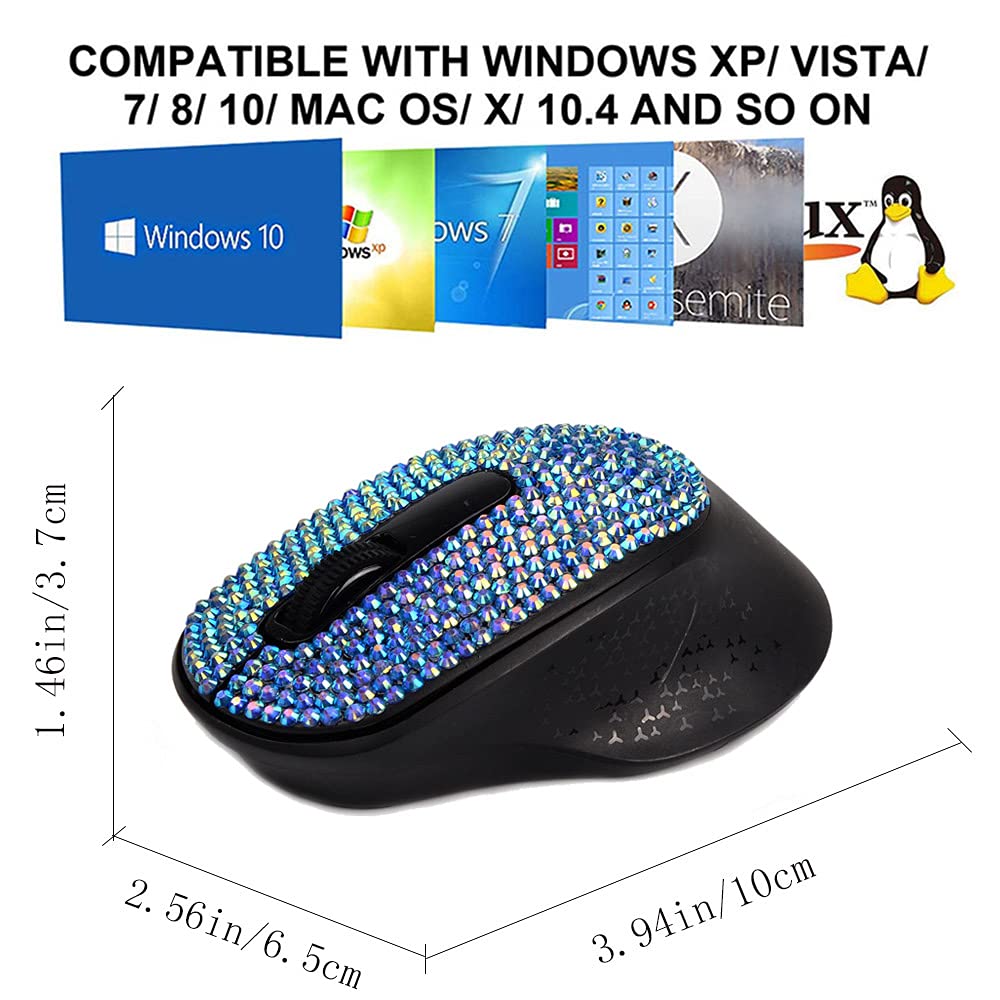 Bling Bluetooth Wireless Mouse with Sparkle Rhinestones - Dual Mode Bluetooth & USB Receiver, 1500 DPI Adjustable for Laptop, PC, Mac, Tablet - Perfect for Office Work, Gaming & Travel (Blue)