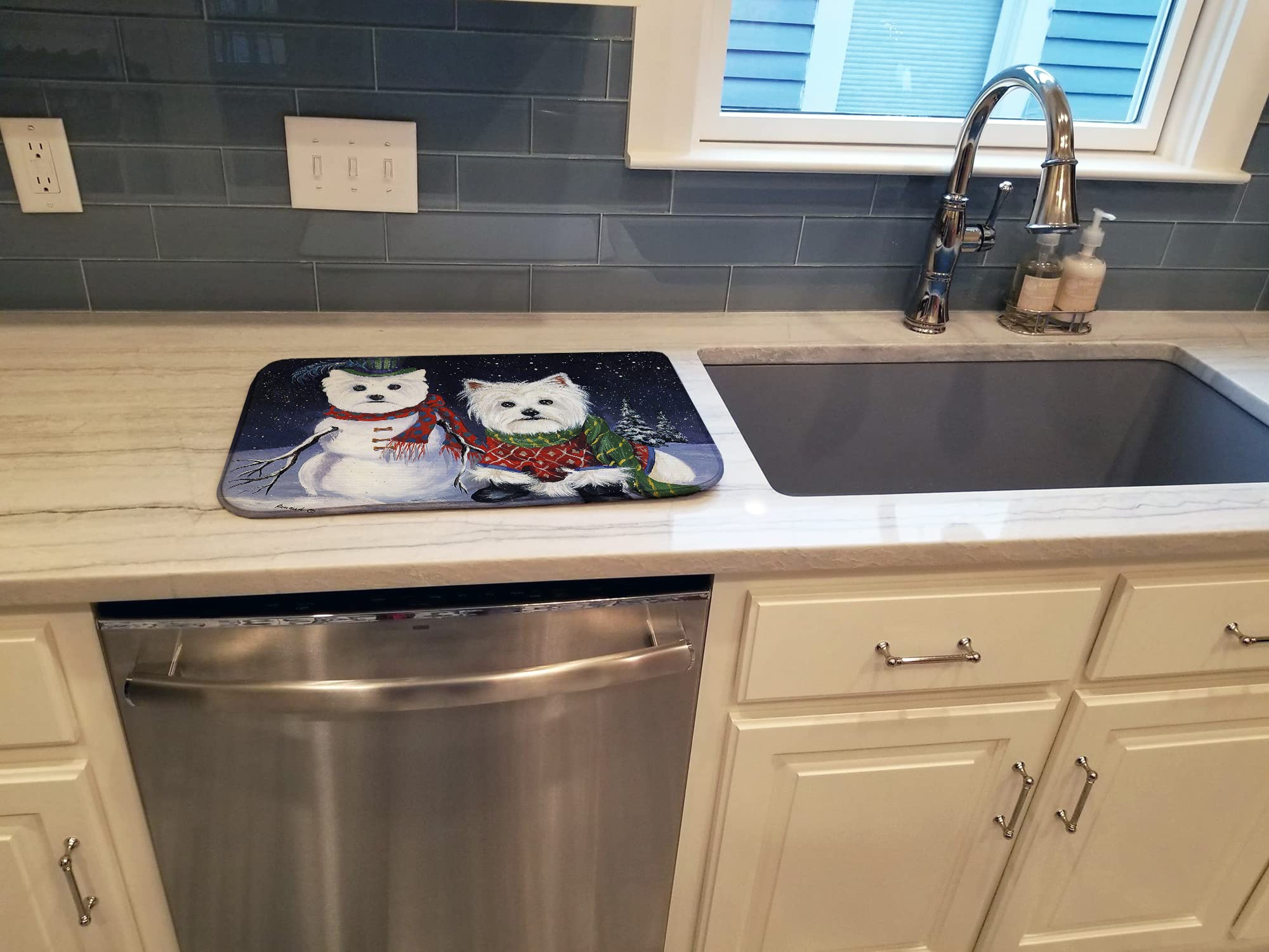 Westie Christmas Dish Drying Mat - Absorbent Kitchen Counter Pad for Holiday Decor