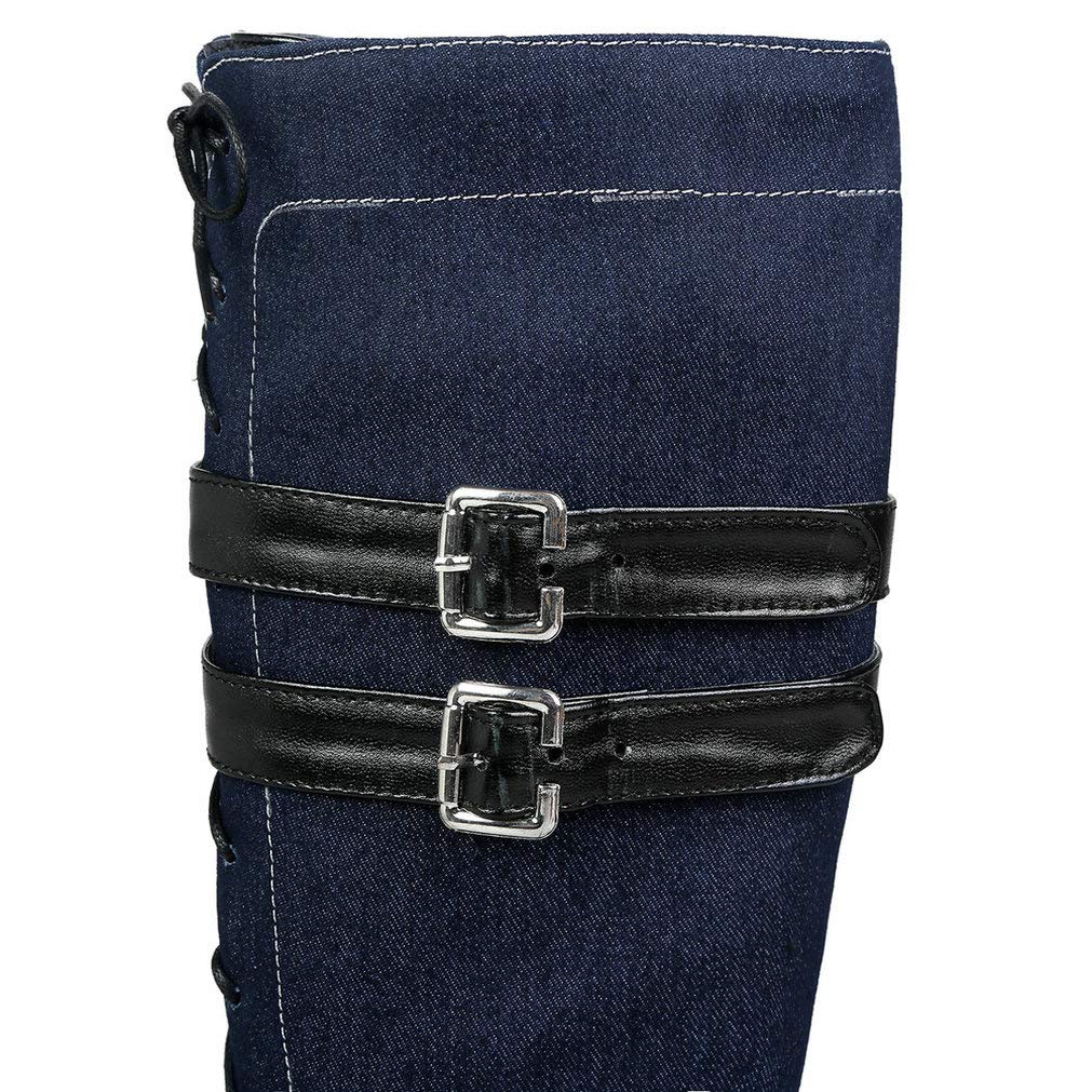 KOKOMOMO Women's Denim Knee High Boots - Low Heel Lace Up Combat Boots with Buckles for Skinny Calf | Stylish Casual & Streetwear Fashion for Everyday Wear, Outfits and Date Night