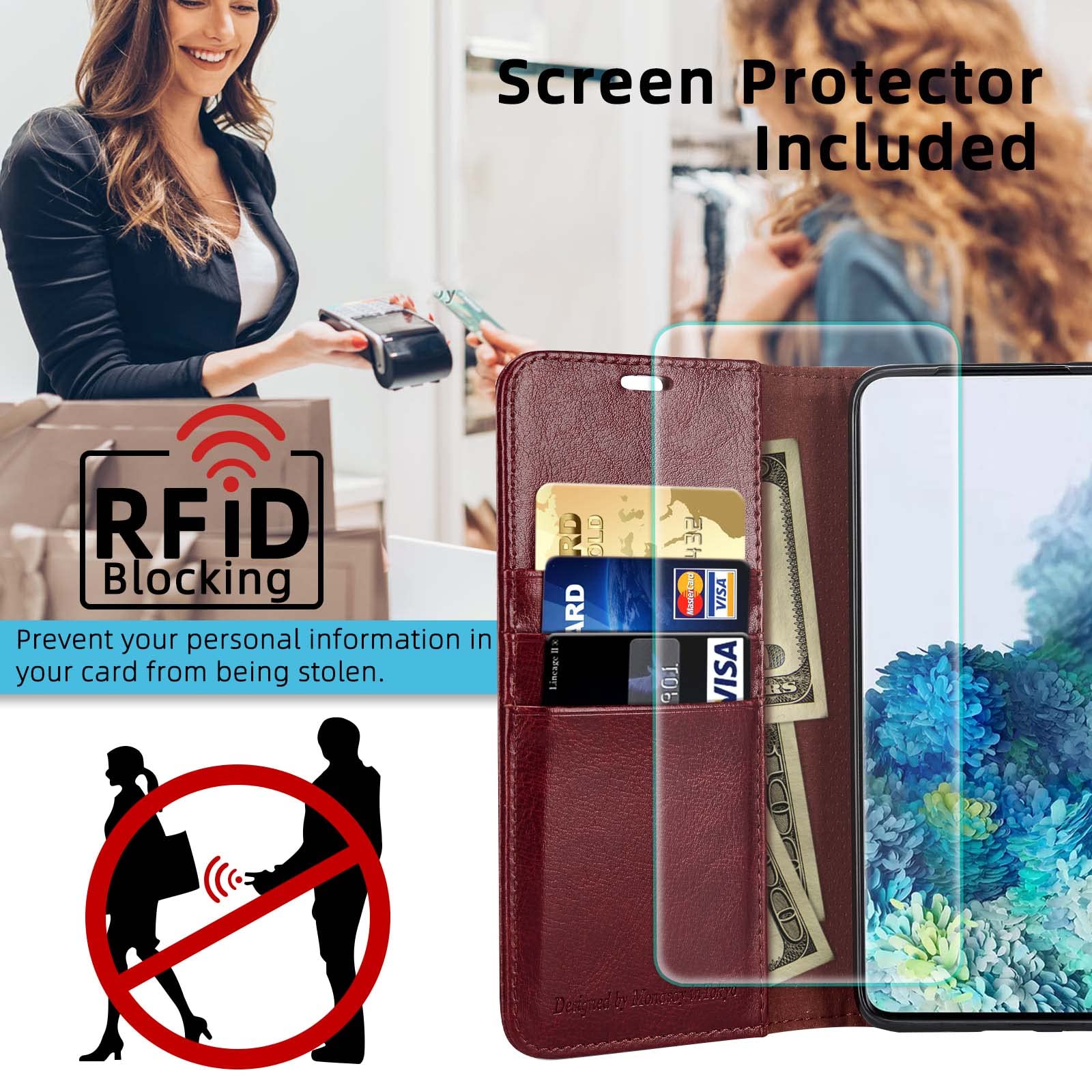 MONASAY Leather Wallet Case for iPhone 8 Plus & iPhone 7 Plus (5.5 Inch) - RFID Blocking Flip Folio Cover with Card Slots & Tempered Glass Screen Protector - Burgundy | Perfect for Business, Travel & Everyday Use