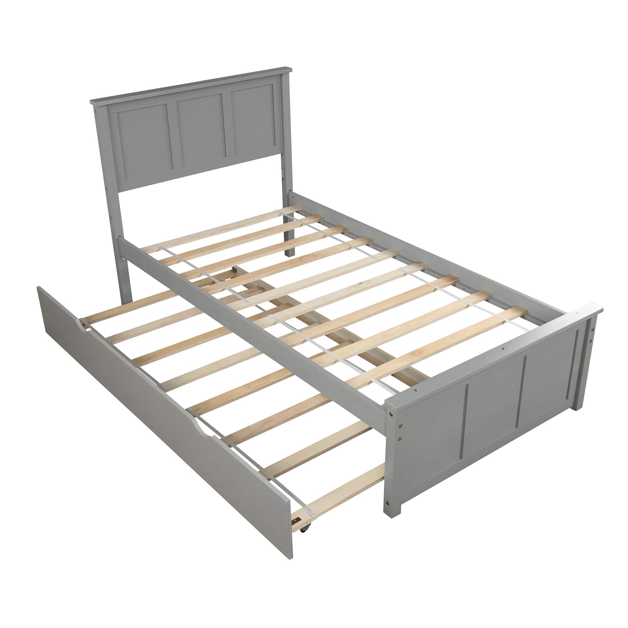 P PURLOVE Twin Size Wood Platform Bed Frame with Trundle & Headboard - Sturdy Slat Support, No Box Spring Needed - Perfect for Kids Rooms, Guest Bedrooms & Small Spaces