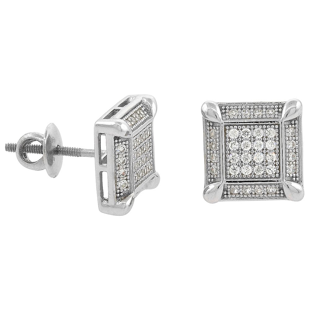 Sterling Silver Micro Pave Cubic Zirconia Prong Set Square Stud Earrings for Women - Elegant Screw Back Post Earrings for Parties, Weddings & Everyday Wear