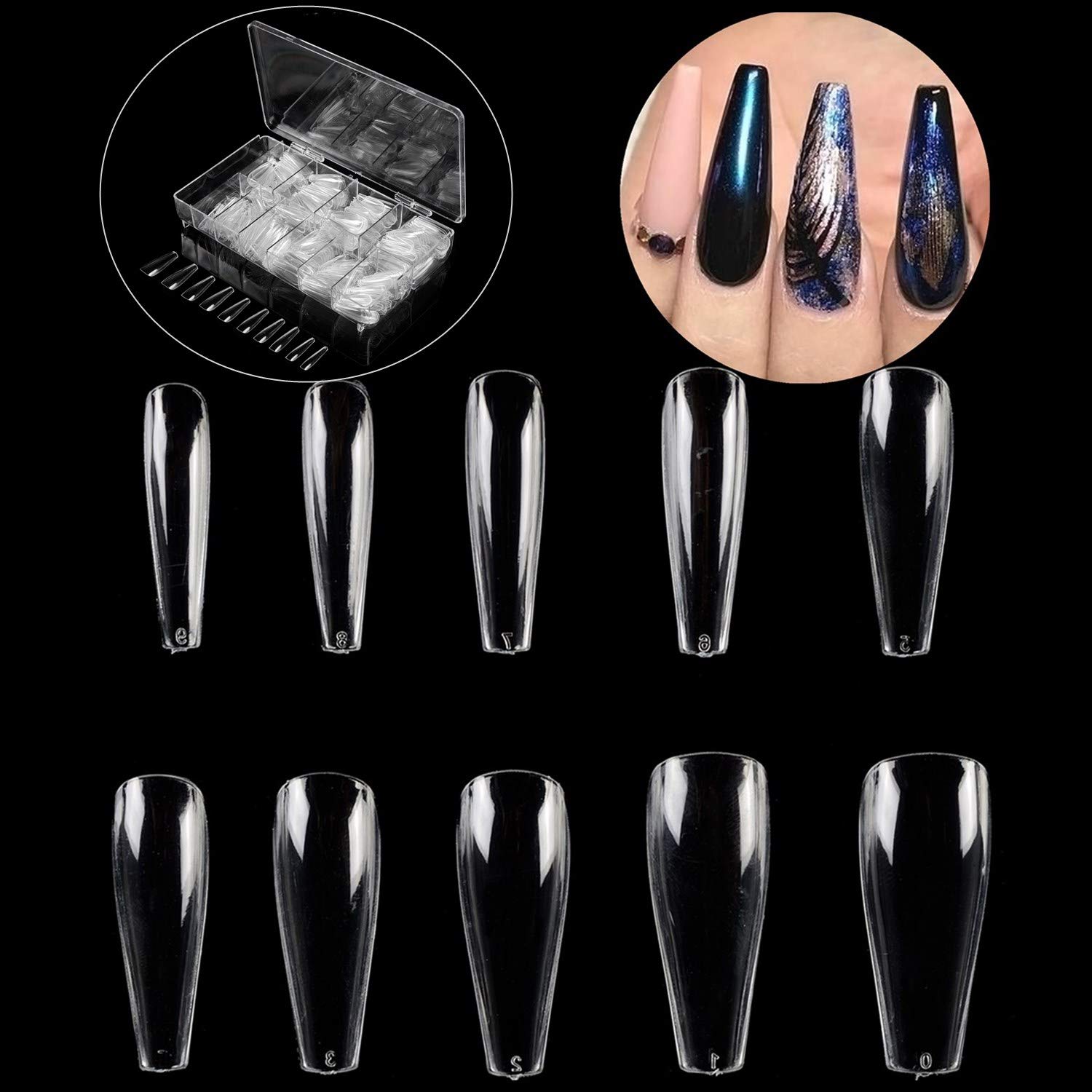 500Pcs Coffin Nails Long Ballerina False Nail Tips - Full Cover Acrylic Nail Extensions 10 Sizes with Storage Case - DIY Nail Art for Salon & Home Use - Perfect for Parties, Weddings & Special Occasions (Clear)