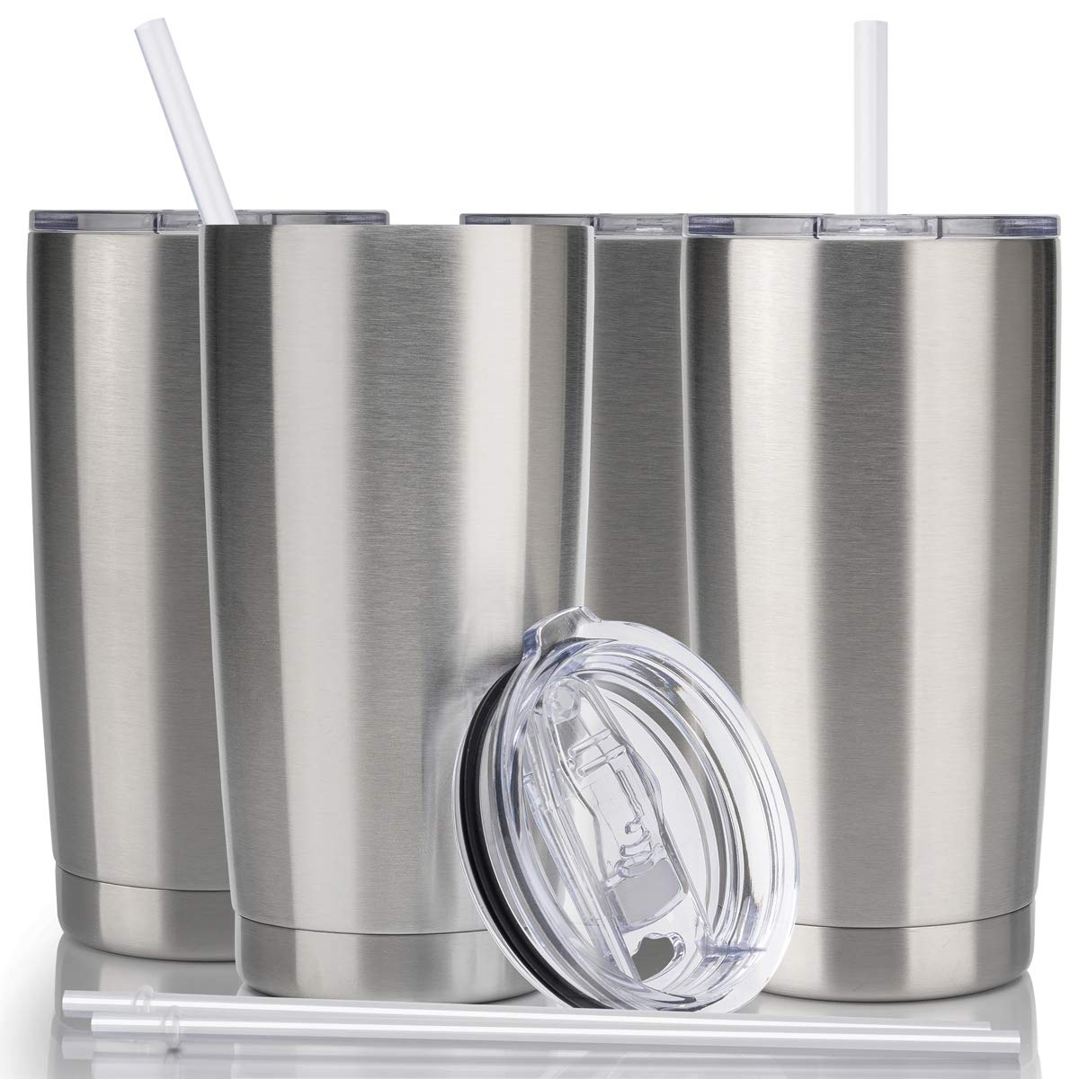 CIVAGO 20oz Stainless Steel Vacuum Insulated Tumbler with Lid and Straw - Double Wall Powder Coated Travel Mug for Coffee, Tea & Cold Drinks (4 Pack, Silver) - Perfect for Office, Gym, Camping & Outdoor Activities