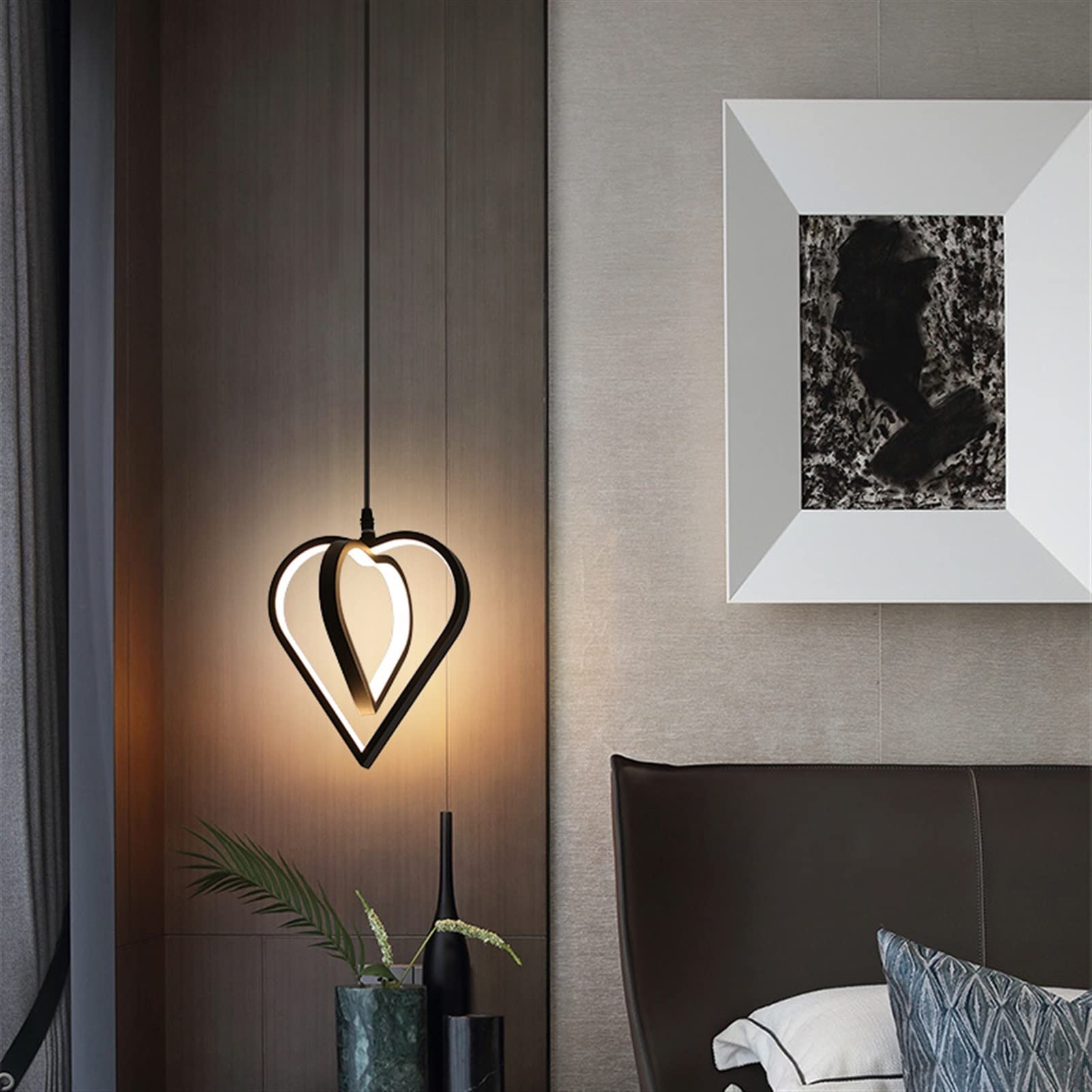 Modern LED Chandelier Light - Heart-Shaped Hanging Pendant Lamp for Bedroom, Wedding, Bar & Foyer - Warm White & Black Color - Perfect for Romantic Decor, Home Lighting & Commercial Spaces