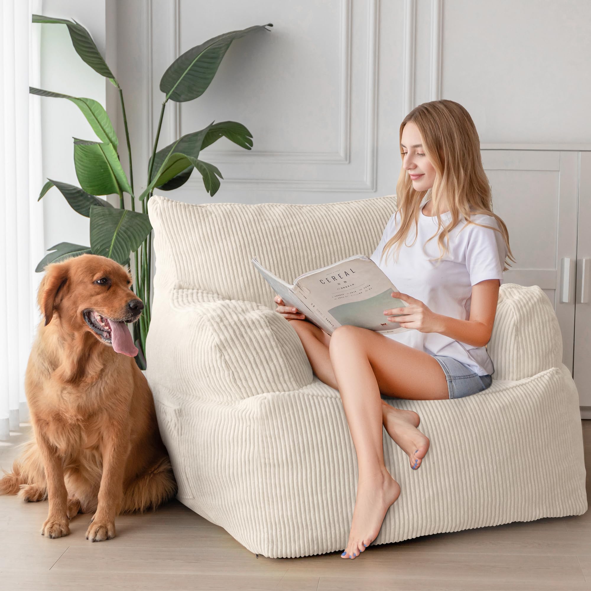 MAXYOYO Oversized Bean Bag Chair - Extra Large Stuffed Bean Bag Sofa for Living Room, Bedroom & Game Room - Soft & Comfortable Beige Lounger for Relaxing, Reading & Gaming