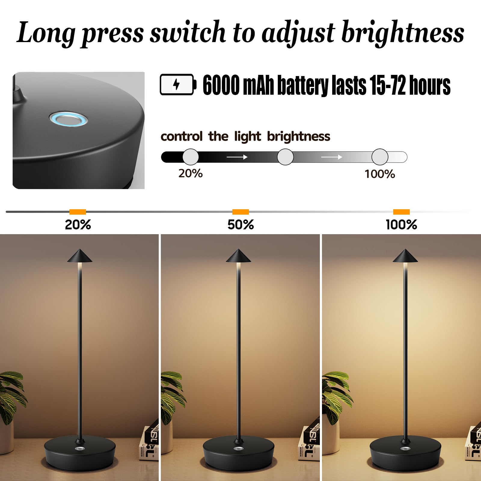 2 Pack Rechargeable Cordless LED Table Lamp - 6000mAh Battery Powered USB Desk Light with 3 Brightness Levels, Metal Base, Portable for Home, Office, Restaurant & Outdoor Use (Black) - Perfect for Reading, Camping, Emergency Lighting and Nightstand Decor