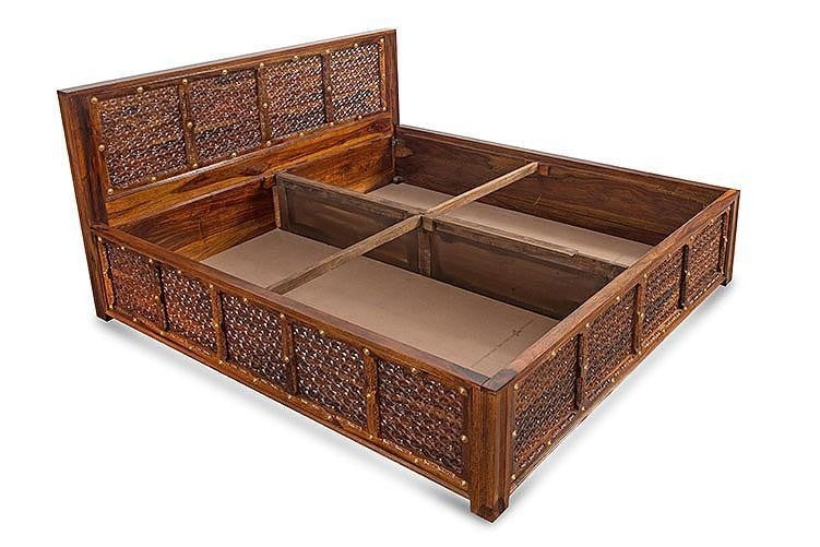 Antique Brass Embossed Solid Wood Storage Bed with Brass Panache - Elegant Vintage Bedroom Furniture for Master Bedroom & Guest Room