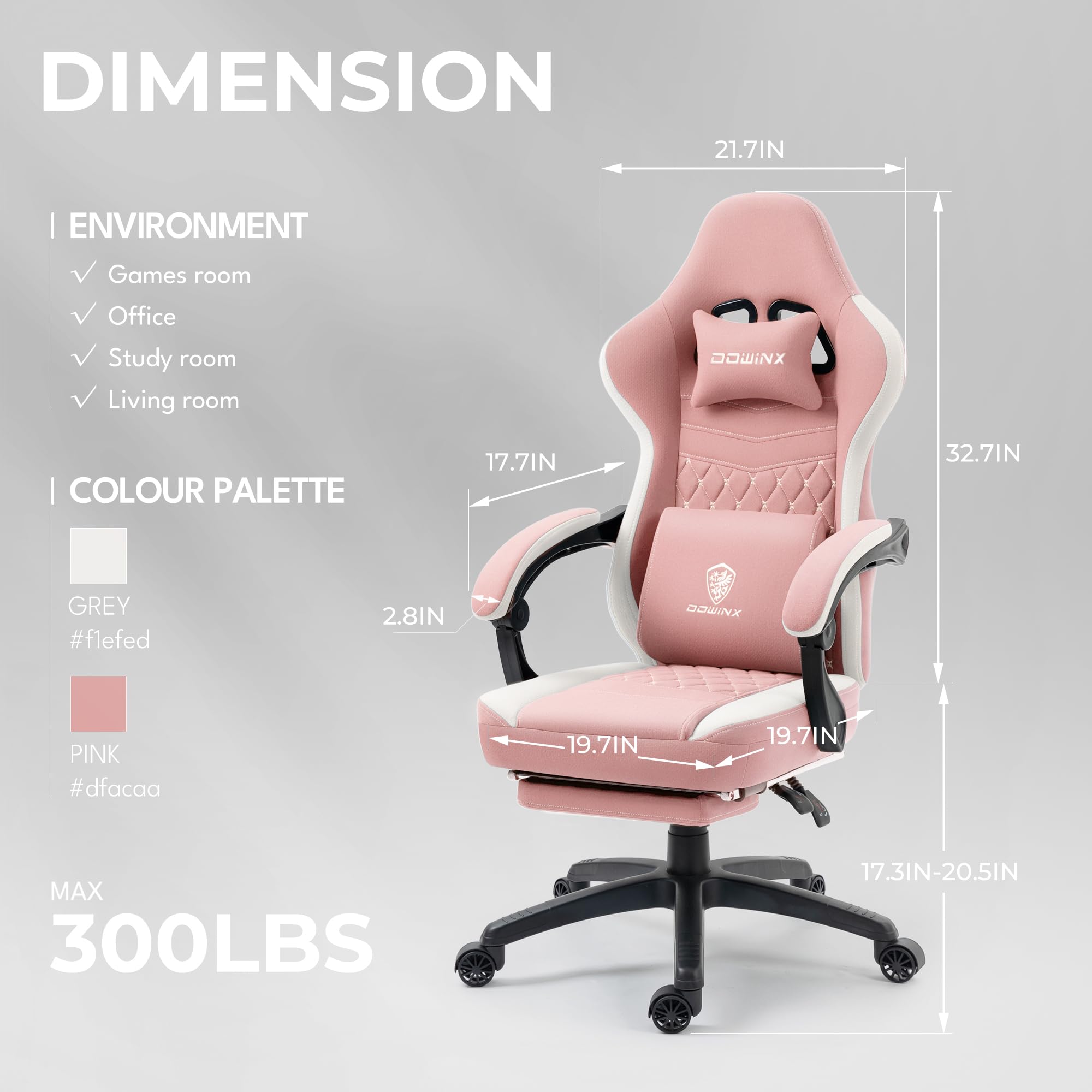 Dowinx Ergonomic Gaming Chair with Breathable Fabric & Pocket Spring Cushion - Comfortable Office Chair with Gel Seat Pad, Massage Function & Footrest - Pink Gaming Chair for Home & Office Use