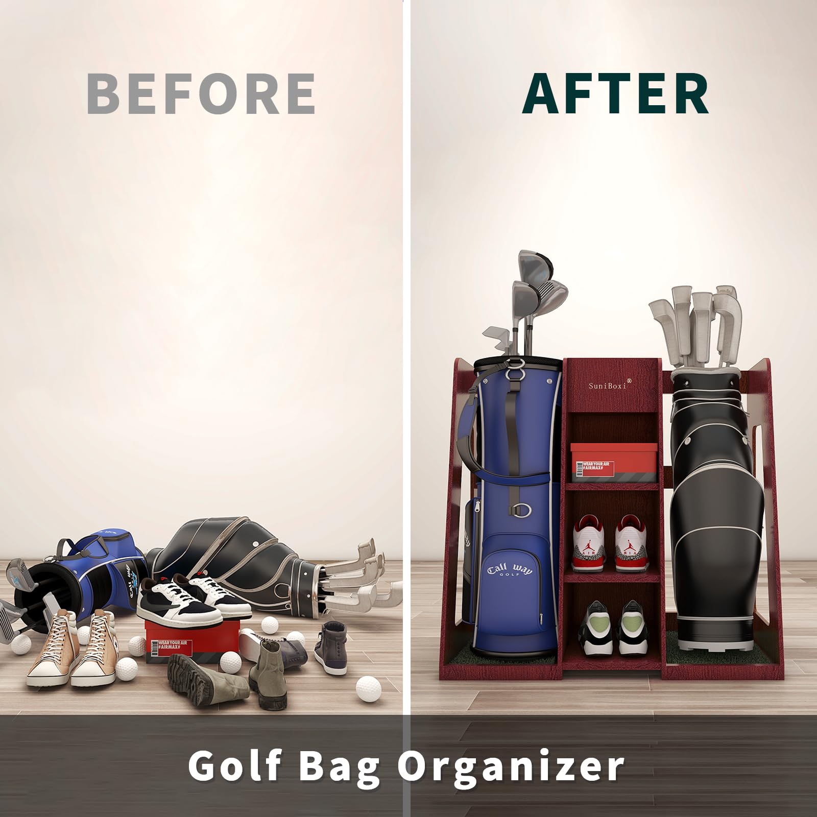 Premium Golf Bag Organizer Stand - Holds 2 XL Golf Bags & Multiple Accessories | Durable Storage Rack for Garage, Shed, Basement | Perfect Golf Gift for All Skill Levels | Indoor & Outdoor Use on Course, Driving Range & Home Practice