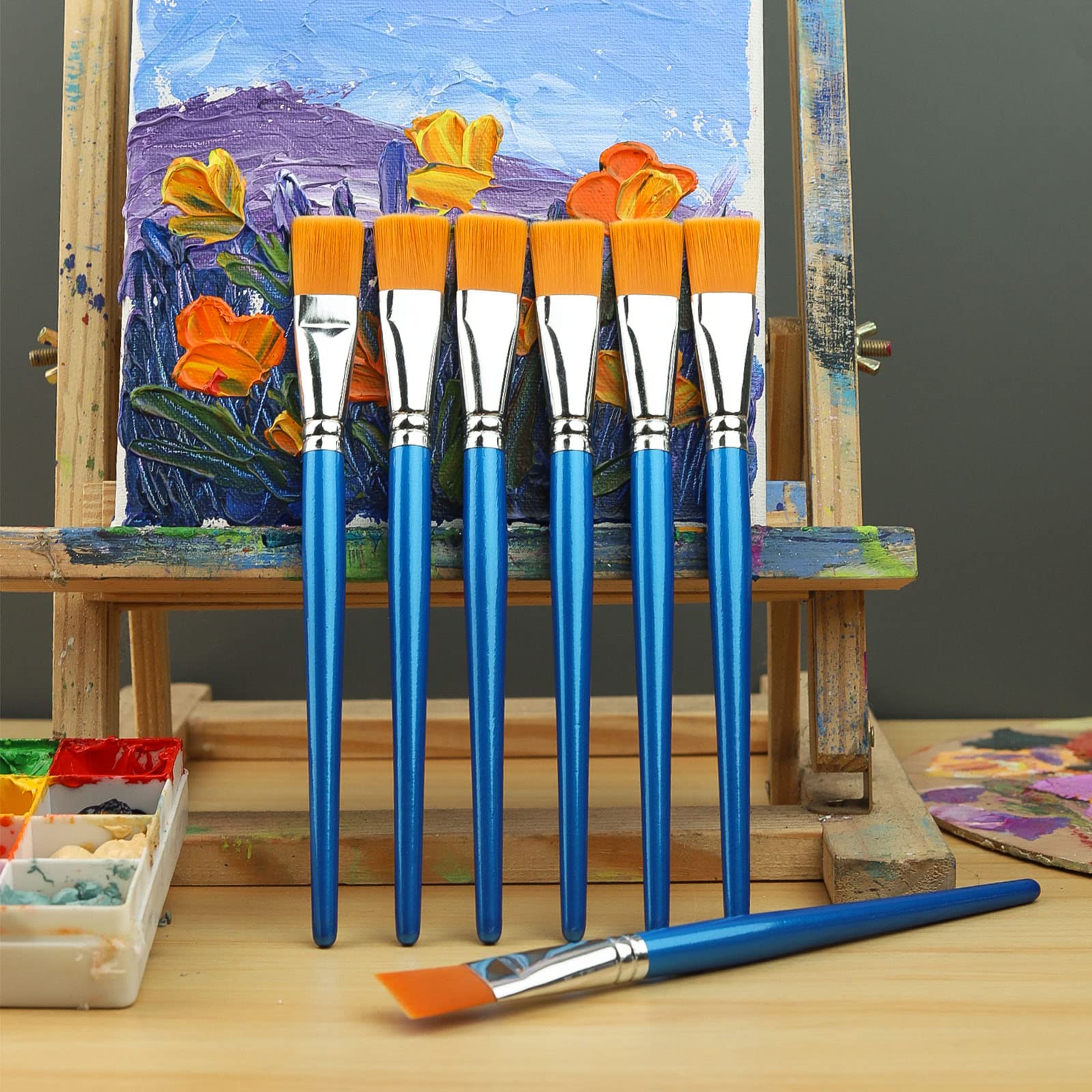 1 Inch Flat Paint Brushes for Acrylic, Oil & Watercolor Painting - 12 Pack Professional Synthetic Artist Brushes with Wooden Handle - Ideal for Canvas, Crafts, Face & Body Art - Perfect for Beginners & Professional Artists