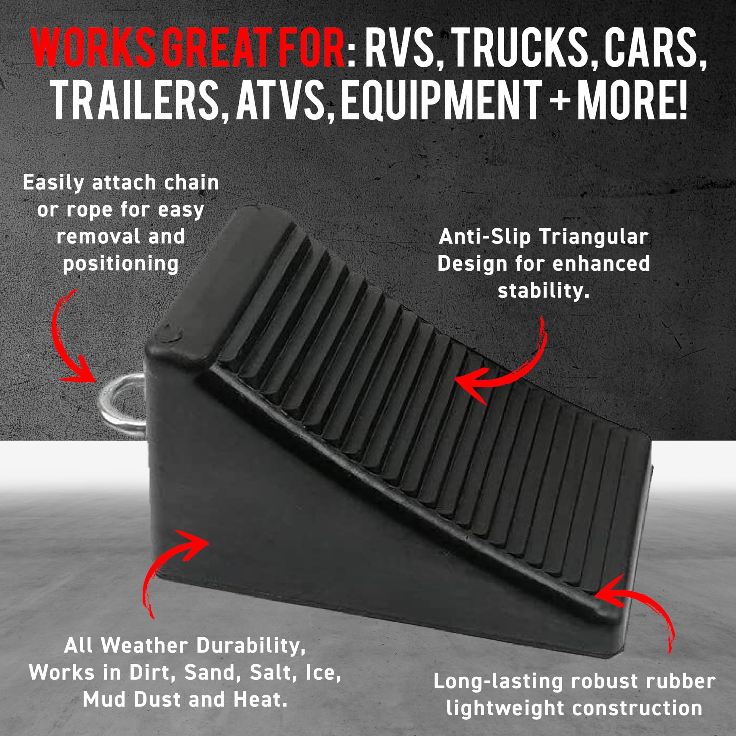 AFA Tooling - Heavy Duty Wheel Chocks with Eyebolt Tie Off Handles (2 Pack) - Non-Slip RV Wheel Chocks for Front & Back Tires - Quick Grip Ribbed Design - Perfect for Campers, Trailers, RVs, Trucks, Cars and ATVs - Secure Parking on Slopes & Uneven Terrain