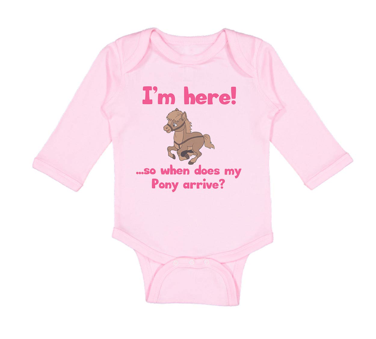 Funny Baby Long Sleeve Bodysuit - 'I'm Here! So When Does My Pony Arrive?' Cute Cotton Onesie for Newborn Boys & Girls in Soft Pink | Perfect for Playtime, Photo Shoots & Gift Giving
