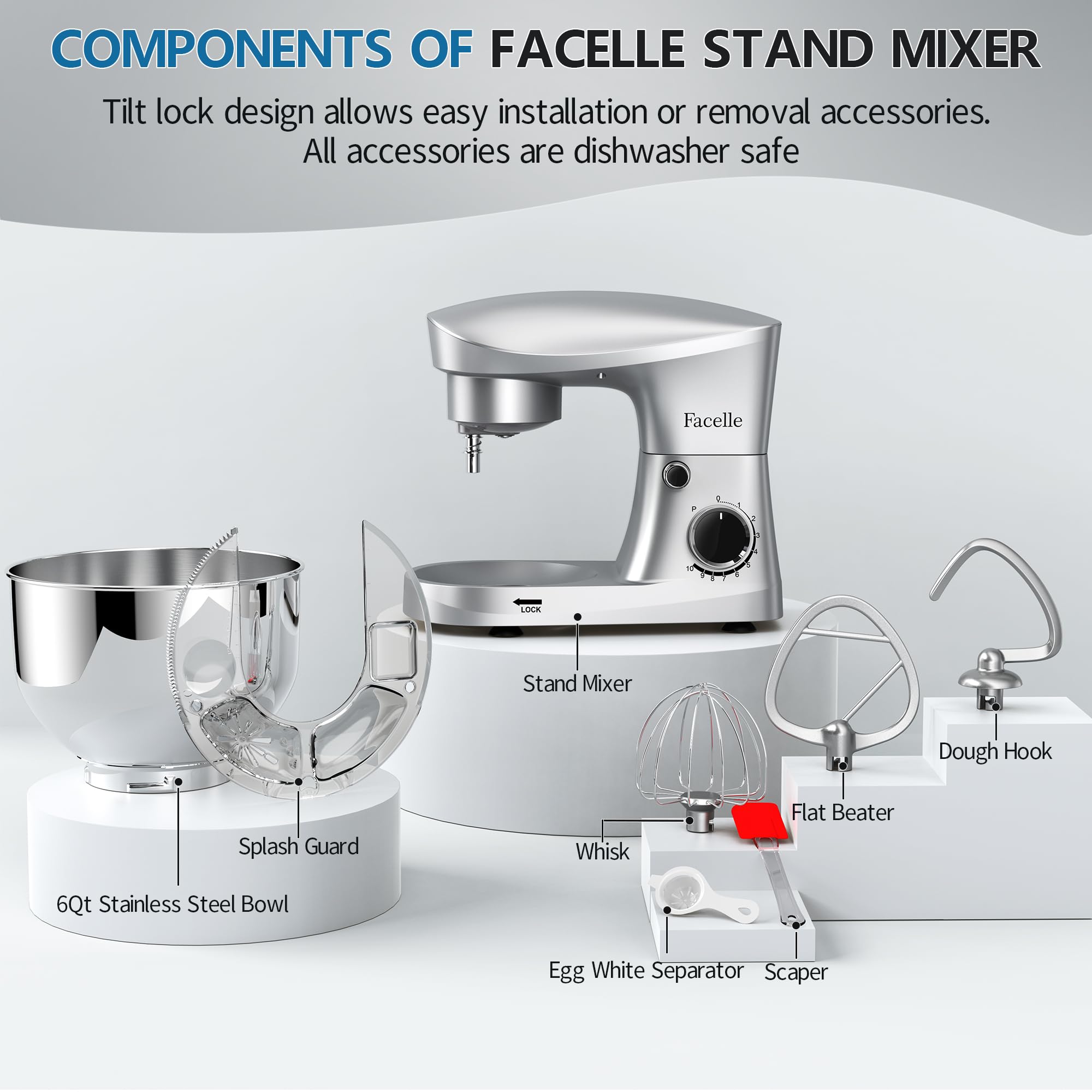 10-Speed 6QT Stand Mixer with Tilt-Head - Kitchen Electric Mixer Includes Beater, Dough Hook, Wire Whip & Egg Separator - Perfect for Baking Cakes, Cookies, Bread & Dough - Silver