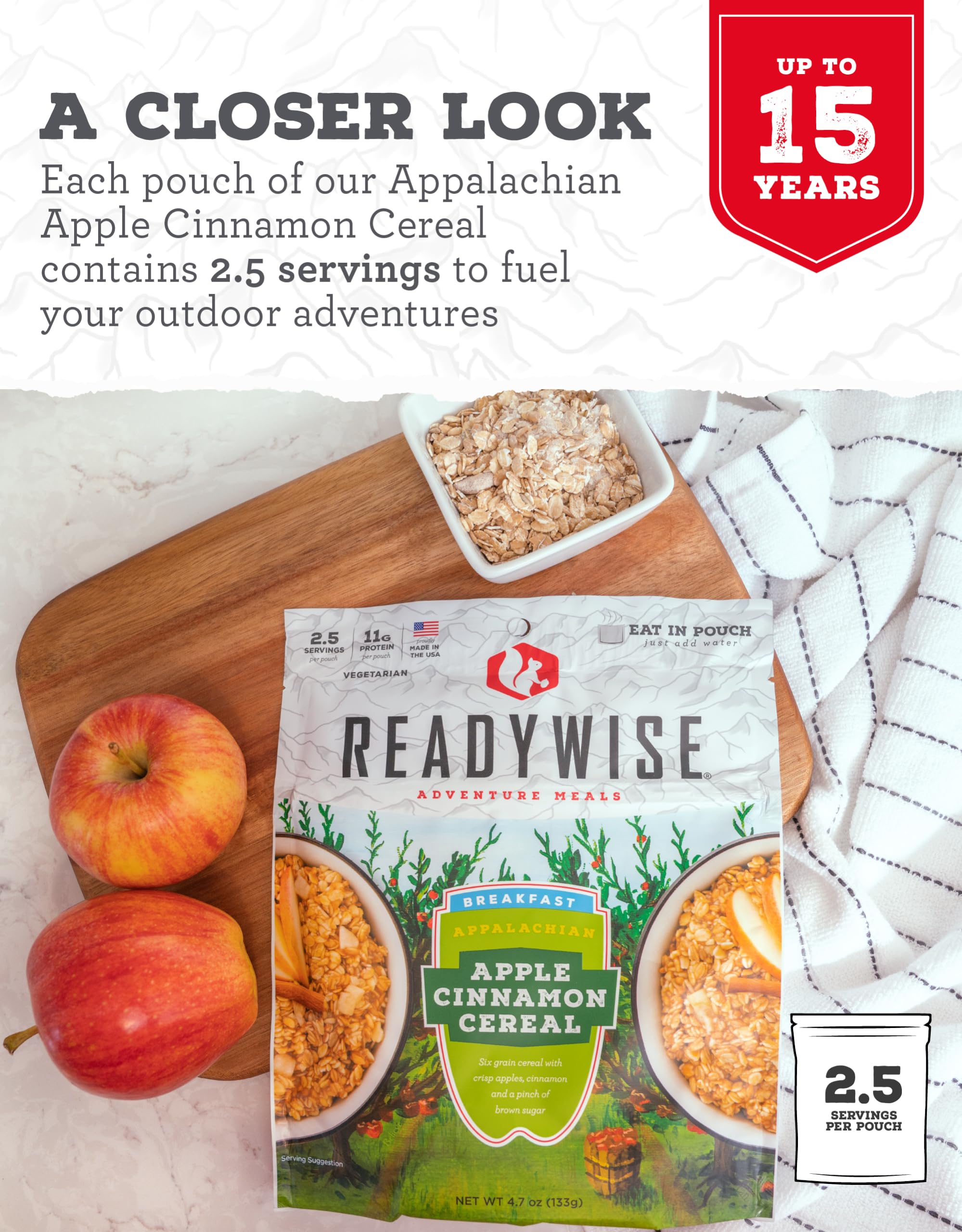 ReadyWise Freeze Dried Apple Cinnamon Snack Pack - 2.5 Servings, Emergency Food Supply for Camping, Hiking & Survival | Lightweight MRE for Outdoor Adventures & Disaster Preparedness | Perfect for Backpacking Trips & Emergency Kits
