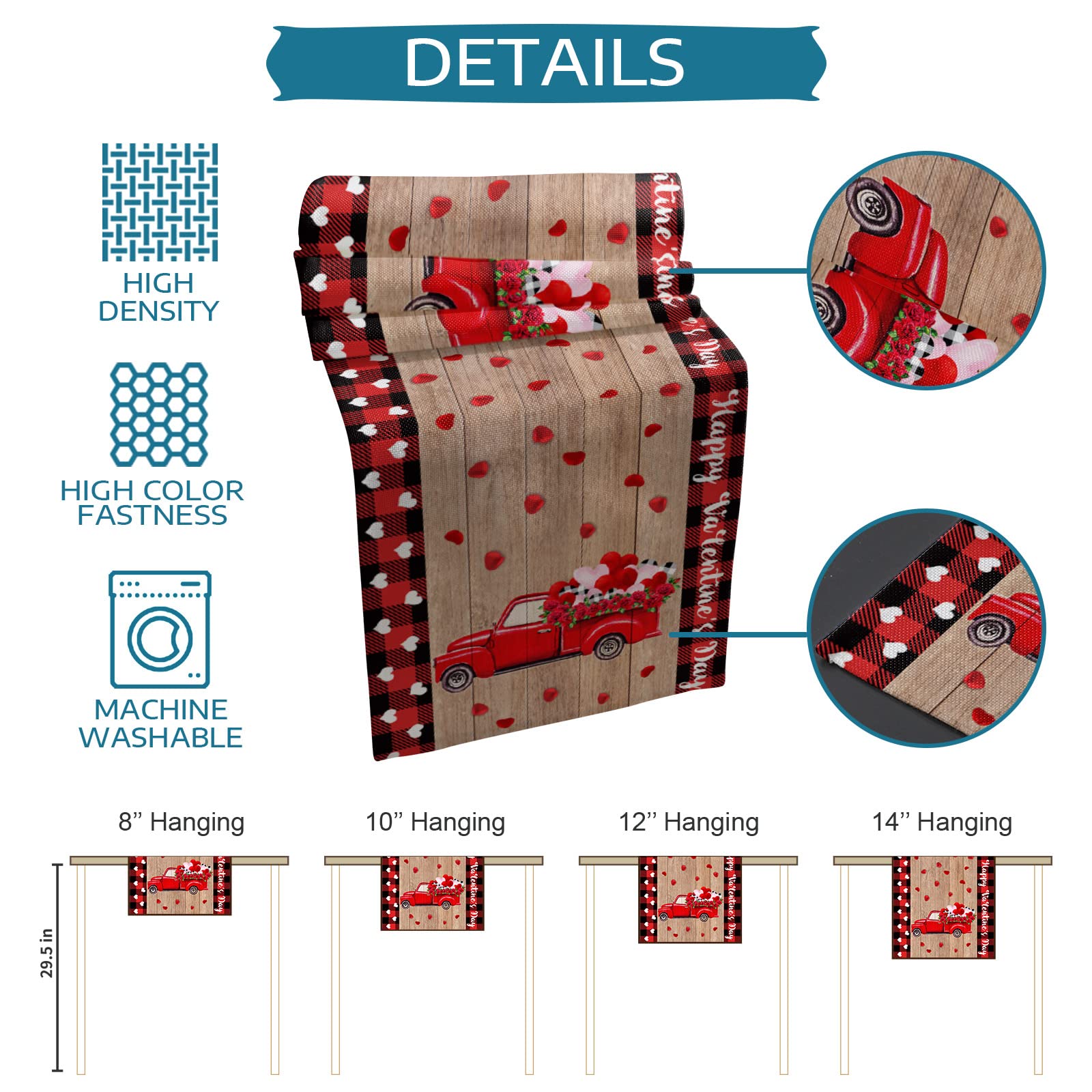 120 Inch Red Truck Pull Love on Petals Table Runner - Valentine's Day Wedding Banquet Decor for Kitchen, Dining Table, Coffee Table & Dresser | Romantic Home & Party Decoration