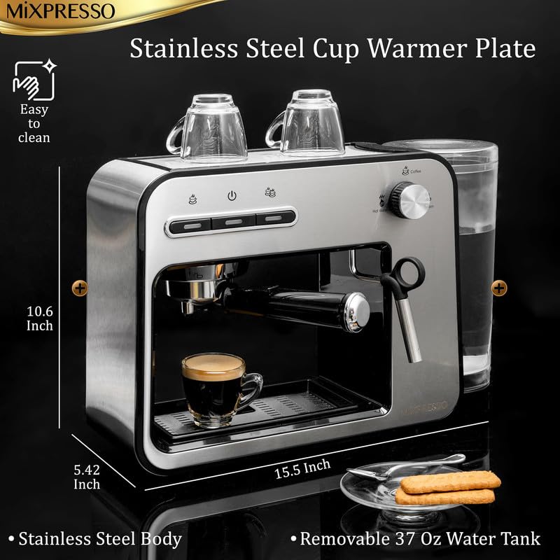Mixpresso 15 Bar Professional Espresso Machine with Milk Frother - Fast Heating 1450W Coffee Maker for Home, Double Cup Splitter & 37Oz Water Tank - Perfect for Making Cappuccino, Latte & Espresso Drinks