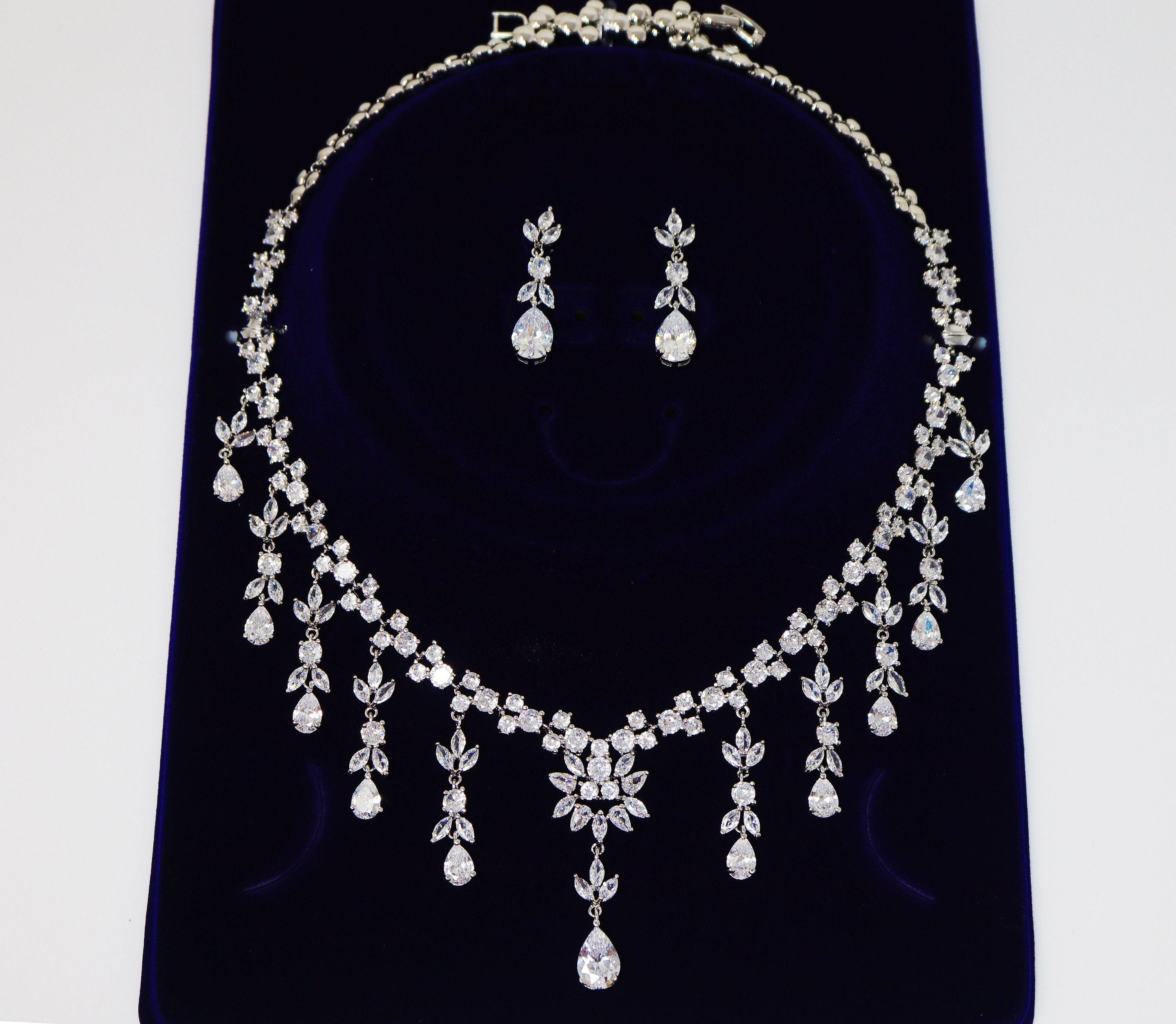 Swarovski Heavenly Floral Leaves Necklace Set - Elegant Long Bridal Jewelry with Statement Earrings & CZ Necklace for Weddings, Parties & Special Occasions