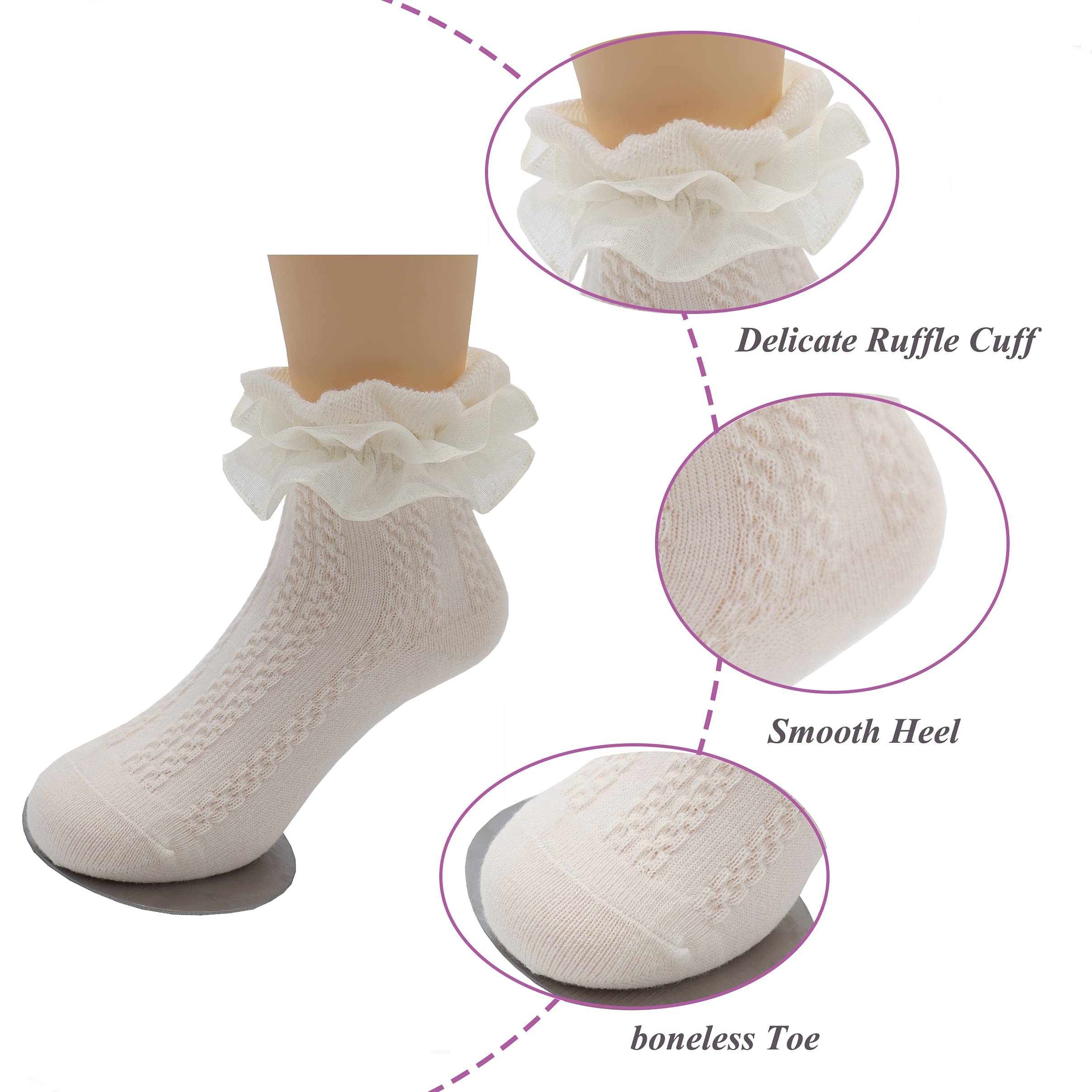Little Girls Ruffle Lace Trim Cotton Socks - Toddler Baby Girl Eyelet Frilly Dress Socks for Party, Wedding & Special Occasions