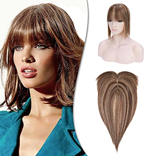 Clip In Remy Human Hair Topper with Bangs – 18 Inch Wispy Bangs Hairpiece for Women, Medium Brown Mix Dark Blonde (#4P27) – Perfect for Hair Loss, Thinning Hair & Grey Hair Coverage | Great for Daily Wear, Special Occasions & Styling