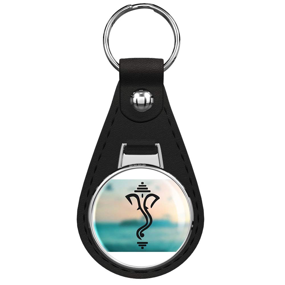 Ganesh Elephant Black Leather Keychain with Silver Keyring - Spiritual Hindu Key Holder for Home, Office & Travel Accessories
