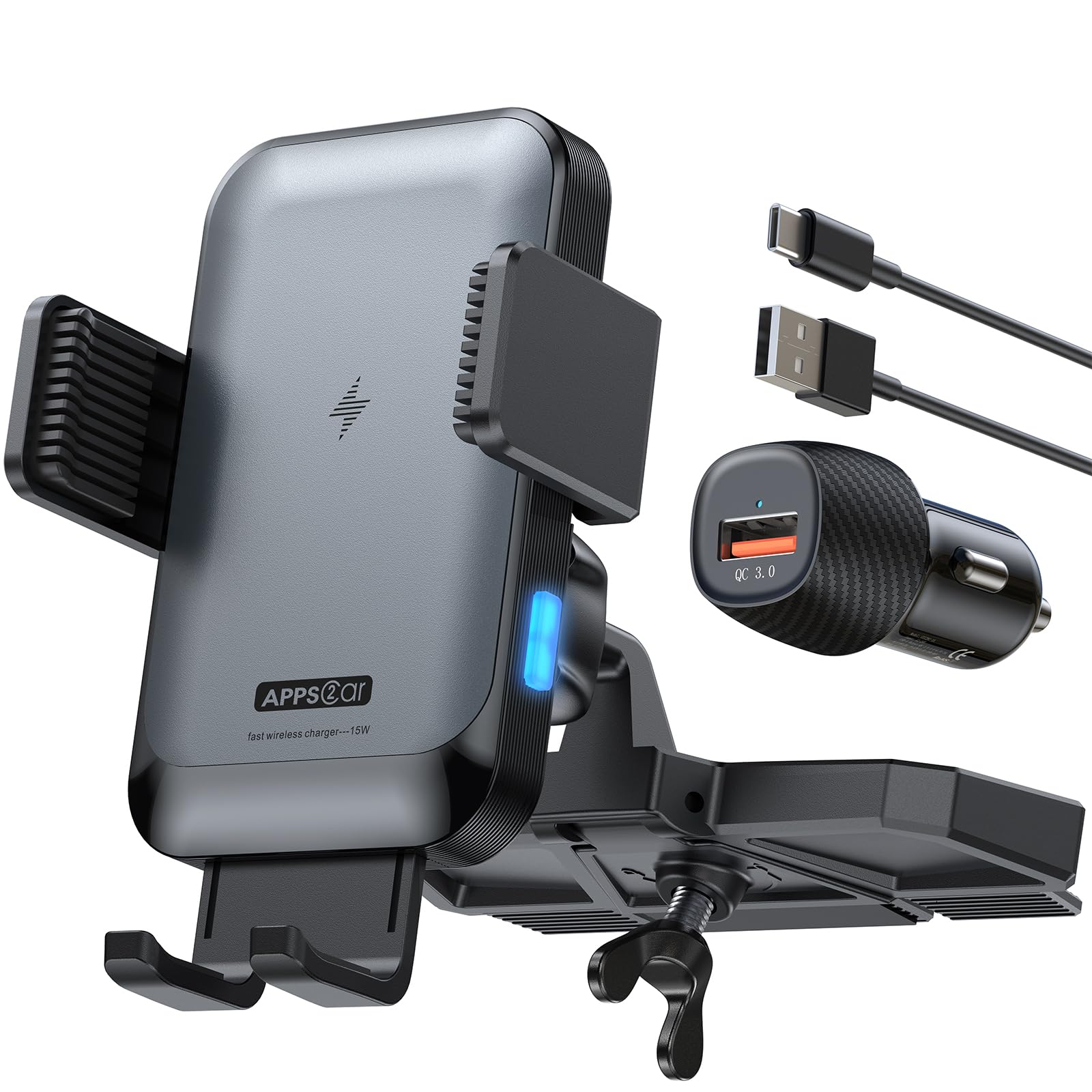 APPS2Car Wireless Car Charger Mount - 15W Fast Charging CD Slot Phone Holder for iPhone 16/15/14/13/12 Pro Max, Samsung S23/S22 Ultra, Google Pixel, LG - Auto Clamping Car Charger for Safe Driving & Hands-Free Navigation