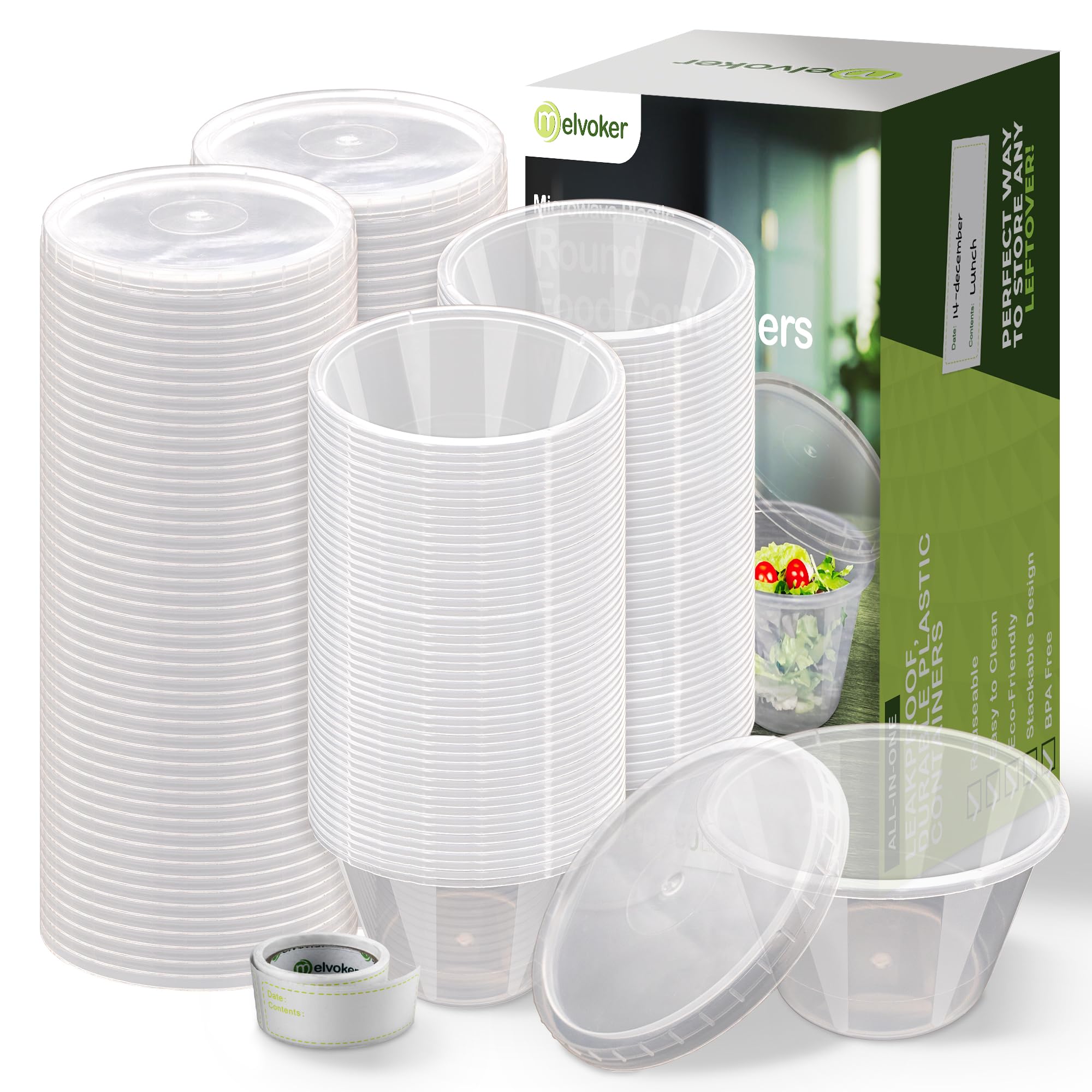 Melvoker 4oz Round Plastic Food Storage Containers with Lids - Pack of 100 | Small Sauce Containers for Takeout, Delivery, Catering & Restaurants | Perfect for Sauces, Dips, Salads, Dressings & Condiments | Ideal for Food Service, Meal Prep & Home Use