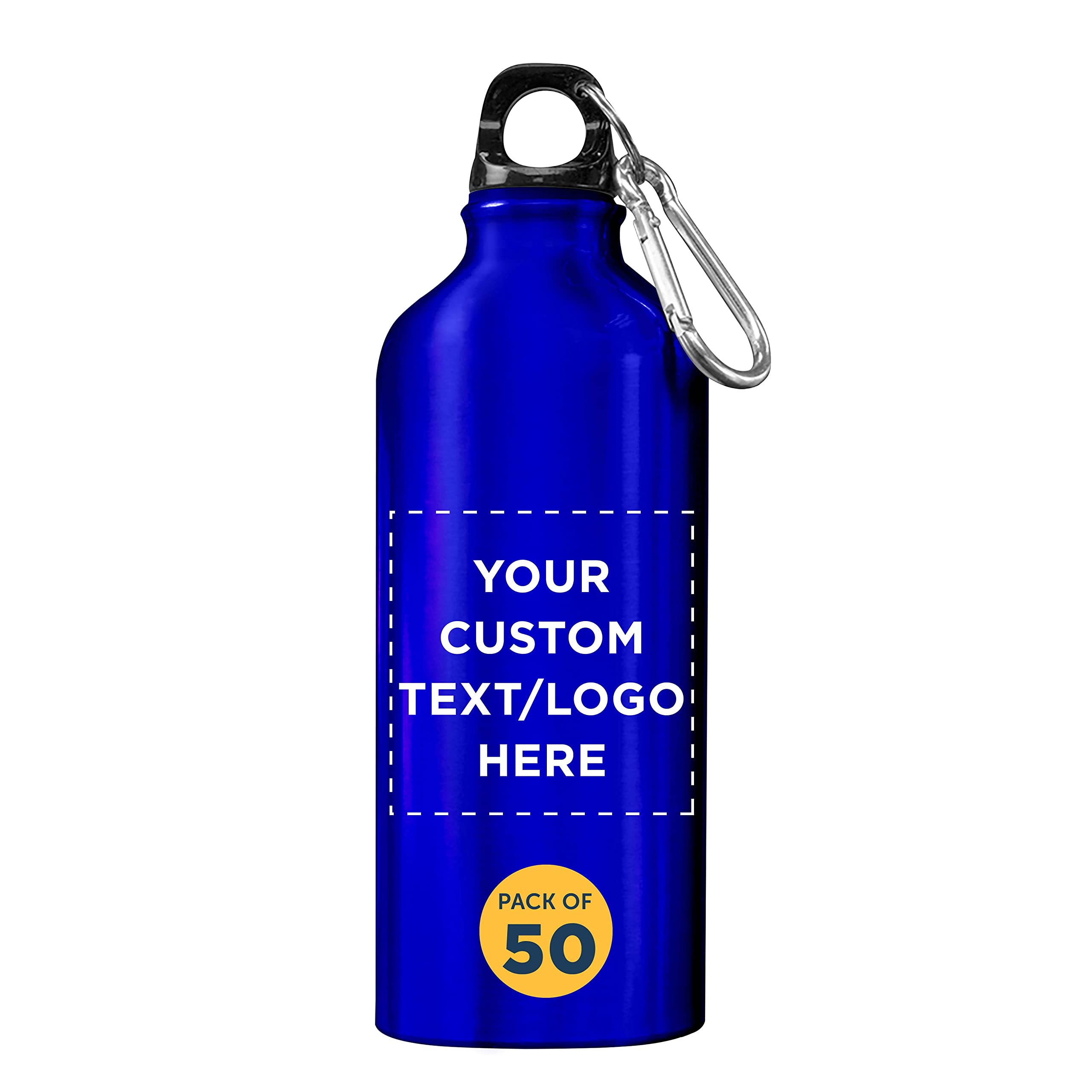 Customized 20 oz Aluminum Water Bottles Bulk Pack of 50 - Personalized Reusable Sports Bottle for Gym, Hiking, Camping & Outdoor Activities - BPA-Free Eco-Friendly Drinkware - Great for Corporate Gifts, Team Events & Promotions (Blue)