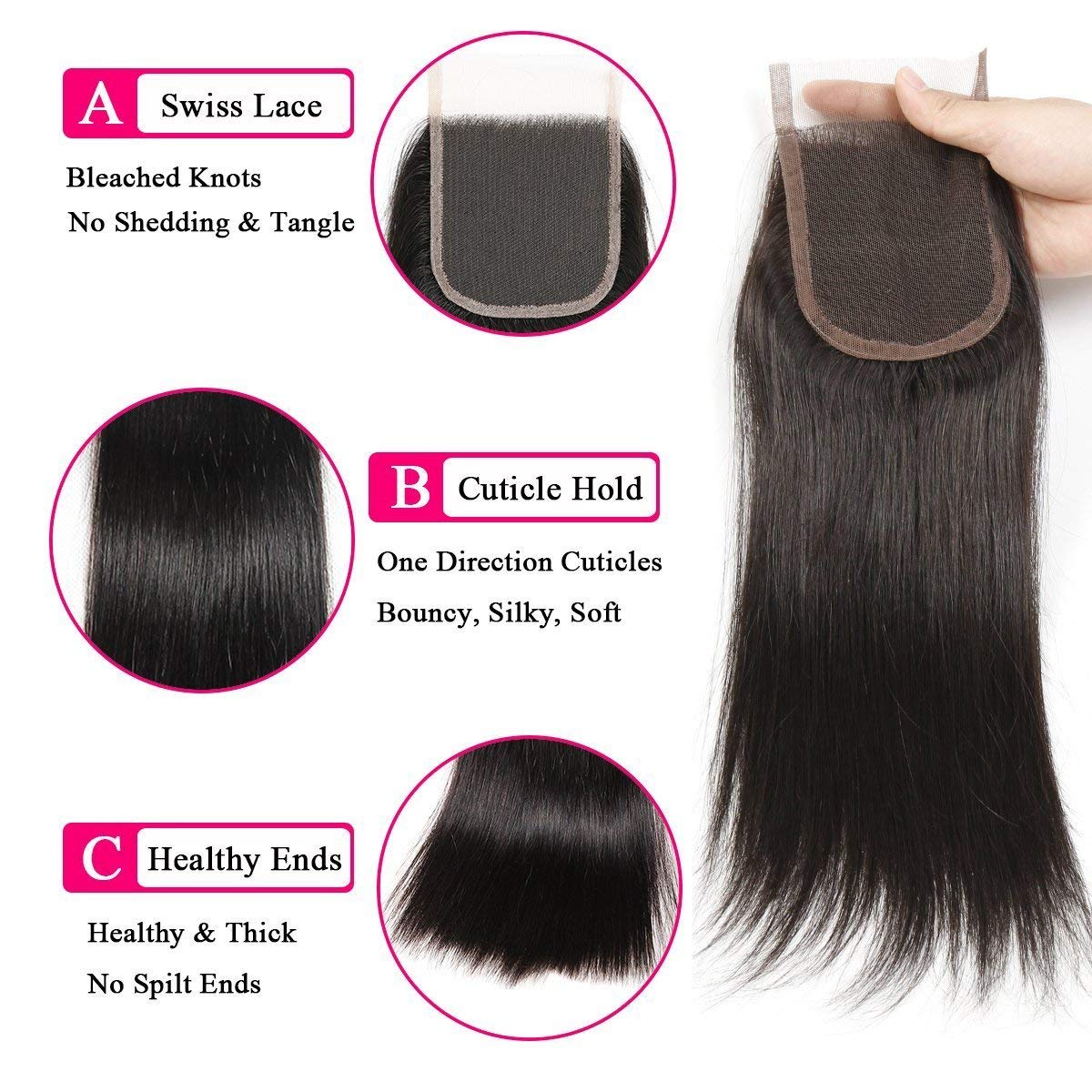 Amella 8A Grade Brazilian Straight Human Hair Extensions - 3 Bundles with Closure (18, 20, 22+18 Inch) - Unprocessed Natural Black Hair for Styling & Volume - Perfect for Daily Wear, Parties & Special Occasions