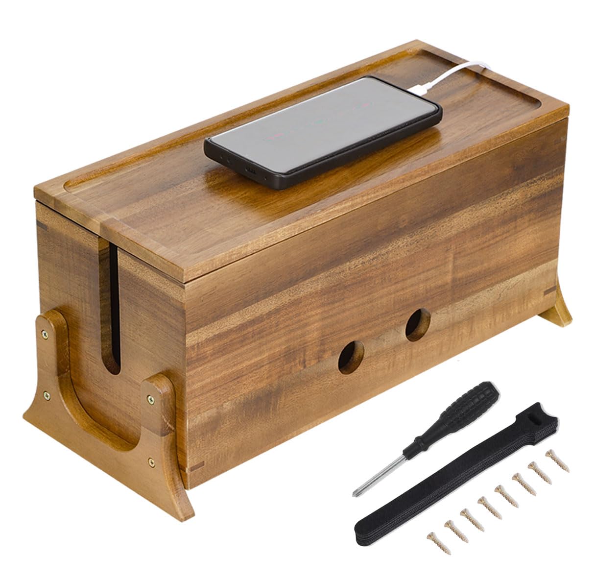 Acacia Wood Extra Large Cable Management Box - Cord Organizer & Hider for Power Strips, TV Wires, Desk Cables - Perfect for Office, Home Theater & Workspace Organization
