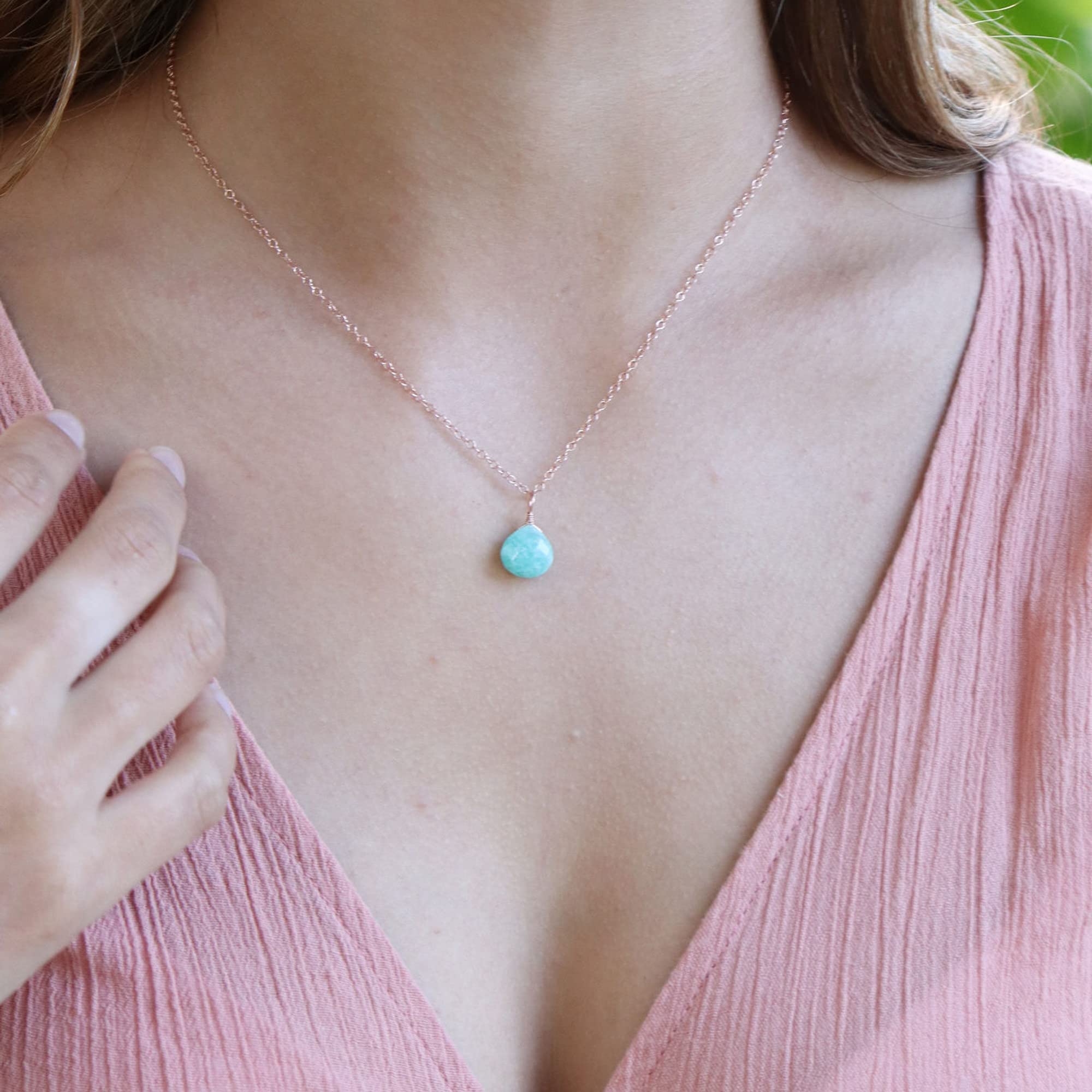 14k Rose Gold Filled Amazonite Teardrop Pendant Necklace - Elegant Healing Crystal Jewelry for Women, Perfect for Everyday Wear, Gifts & Spiritual Healing