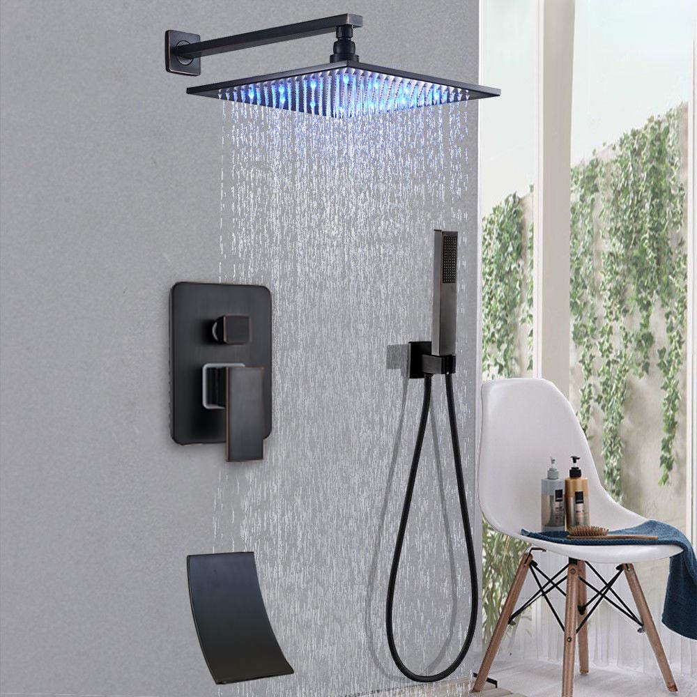 Black Bronze Wall Mounted Rain Shower Mixer Tap - 8 Inch Bathroom Faucet Set for Bathtub & Shower | Modern Waterfall Design for Spa-Like Experience in Home Bathrooms