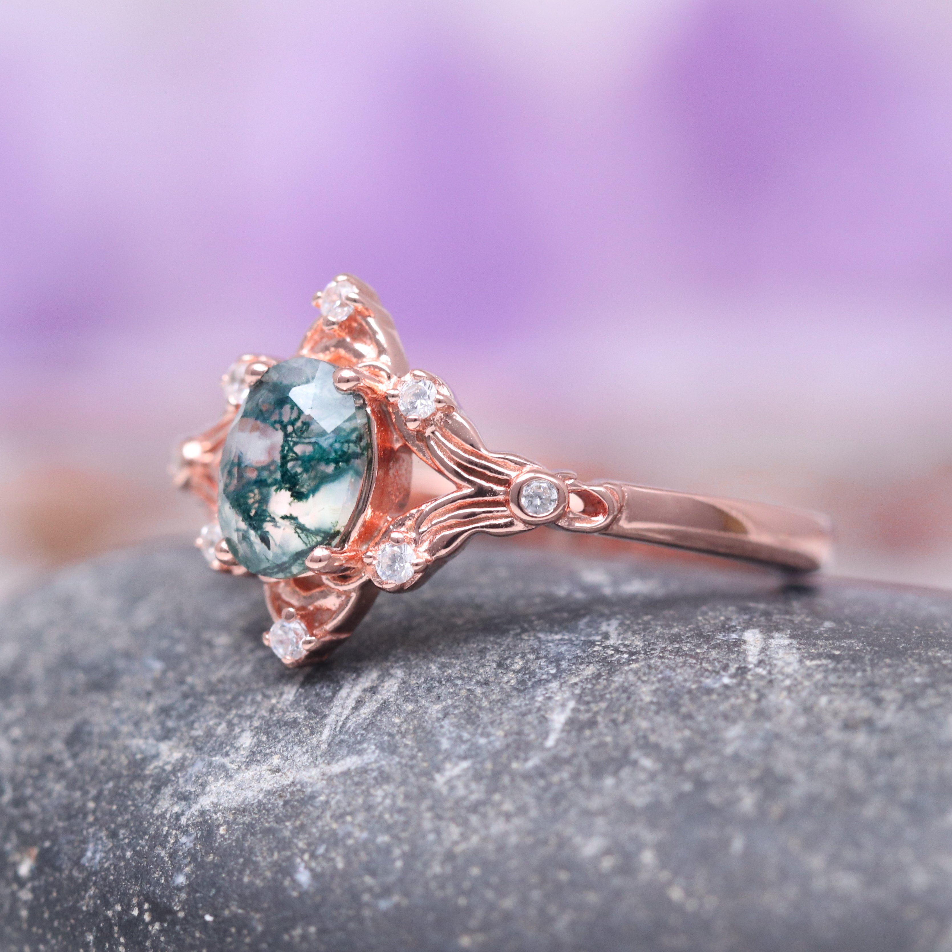 14K Solid Rose Gold Moss Agate Ring for Women - Elegant Green Gemstone Jewelry - Perfect for Weddings, Anniversaries & Everyday Wear