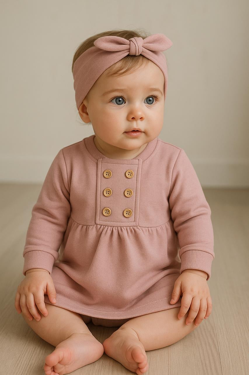 Baby Girl 2-Piece Outfit Set with Front Button Dress and Ruffled Headband - Perfect for Photoshoots, Parties & Special Occasions
