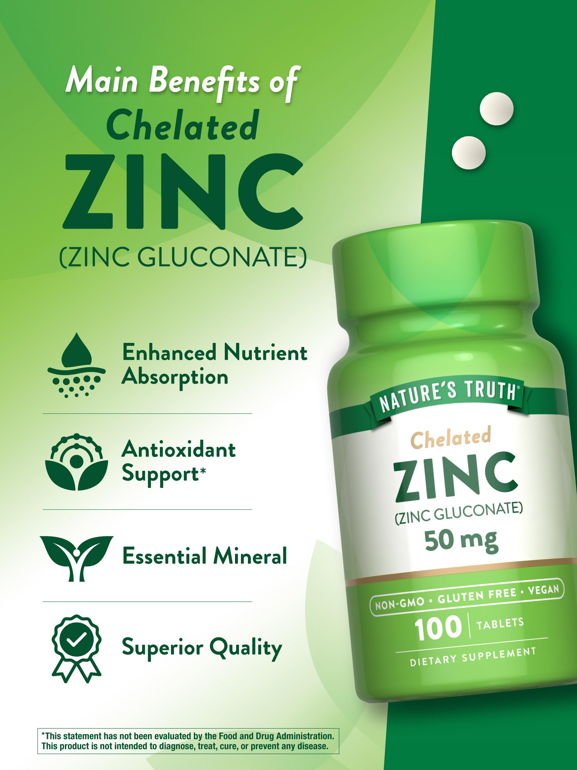 Nature's Truth Chelated Zinc 50mg | 100 Tablets | Essential Mineral Supplement for Immune Support & Wellness | Vegan, Non-GMO & Gluten Free | Zinc Gluconate Formula | Perfect for Daily Health Routine & Cold Season Protection