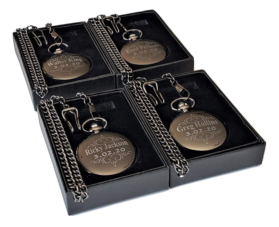 4-Piece Custom Engraved Pocket Watch Set - Black Wedding Gift with Free Engraving, Gift Box & Chains - Perfect for Anniversaries, Graduations & Special Occasions