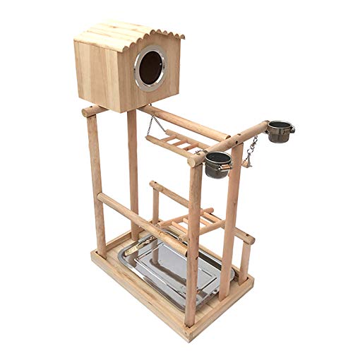 Natural Wood Bird Perch Stand with Bird House - Parrot Toy Playground, Swing, Bridge & Ladder for Macaw, Cockatiel, Budgie, Conure - Cage Accessories for Climbing, Playing & Resting - Perfect for Bird Cages, Aviaries & Pet Play Areas