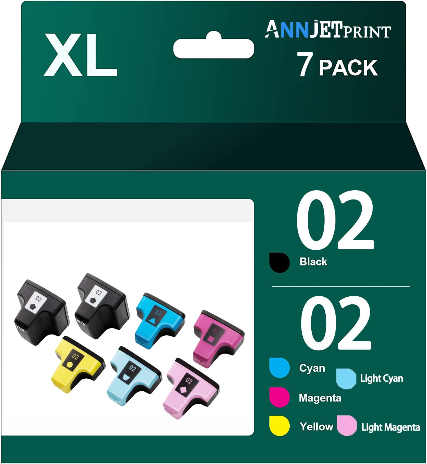 Remanufactured HP 02 Ink Cartridges (7-Pack) - Compatible with HP PhotoSmart C6280, C7280, 8250, D7460, C8180, C6250 Printers - 2BK/1C/1M/1Y/1LC/1LM - High-Quality Replacement Ink for Home & Office Printing