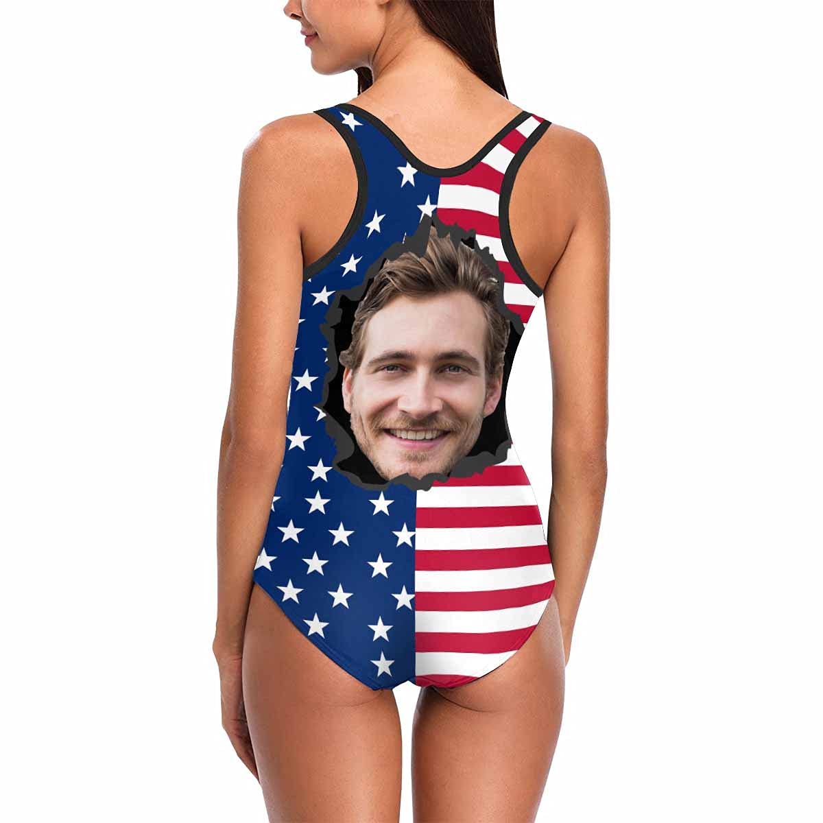 Custom USA Flag Women's One Piece Swimsuit - Funny Face Design for Beach & Pool