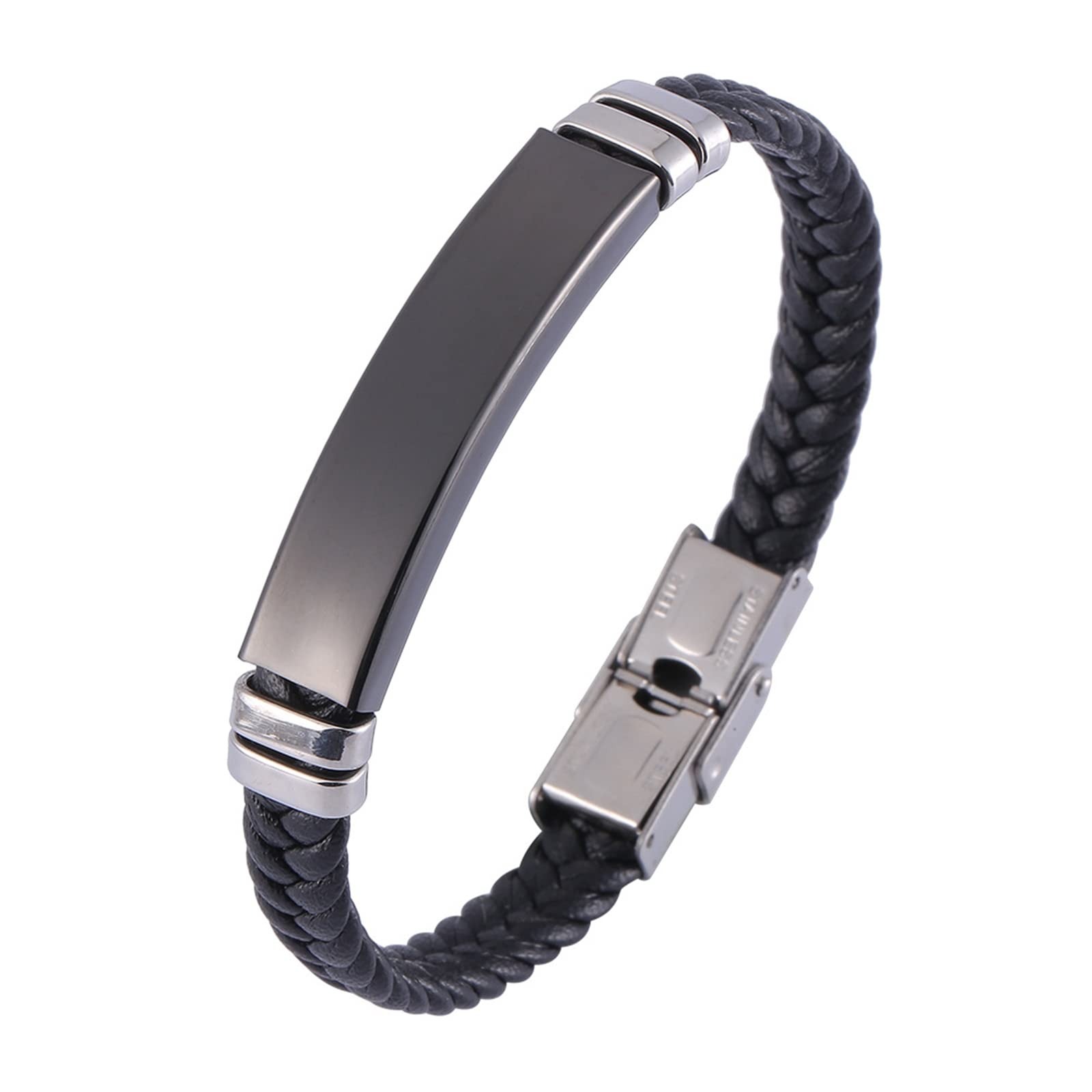 Stylish Silver Chain Bracelet for Men - Glossy Tag Braided Leather Cord Stainless Steel Bracelet - Perfect for Casual Wear, Gifts & Everyday Fashion Accessories