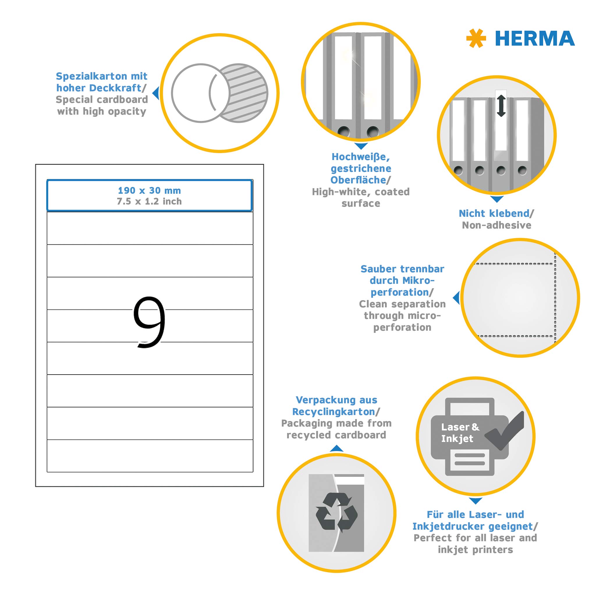 HERMA Spine Inserts with Micro-Perforation - 225 Blank Labels (9 per A4 Sheet, 25 Sheets) 190x30mm for Lever Arch Files - Compatible with Laser & Inkjet Printers - White | Perfect for Office Organization, File Sorting & Document Management