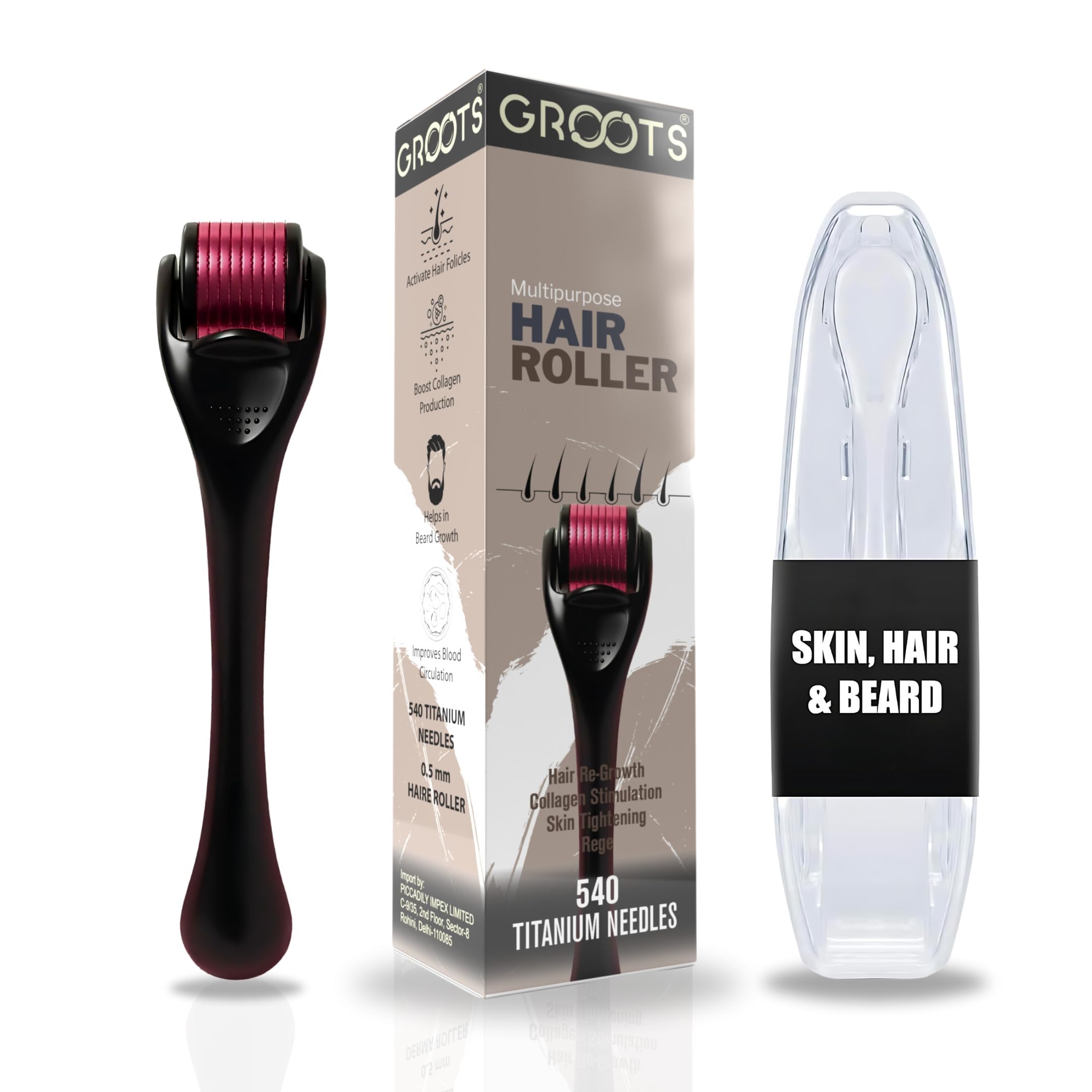 Groots Derma Hair Roller 540 Titanium Alloy Microneedle Roller for Hair Regrowth & Beard Growth | Acne Scar Treatment | Skin Rejuvenation | Hair Follicle Stimulator for Men & Women | Perfect for Home Hair Care & Facial Treatment