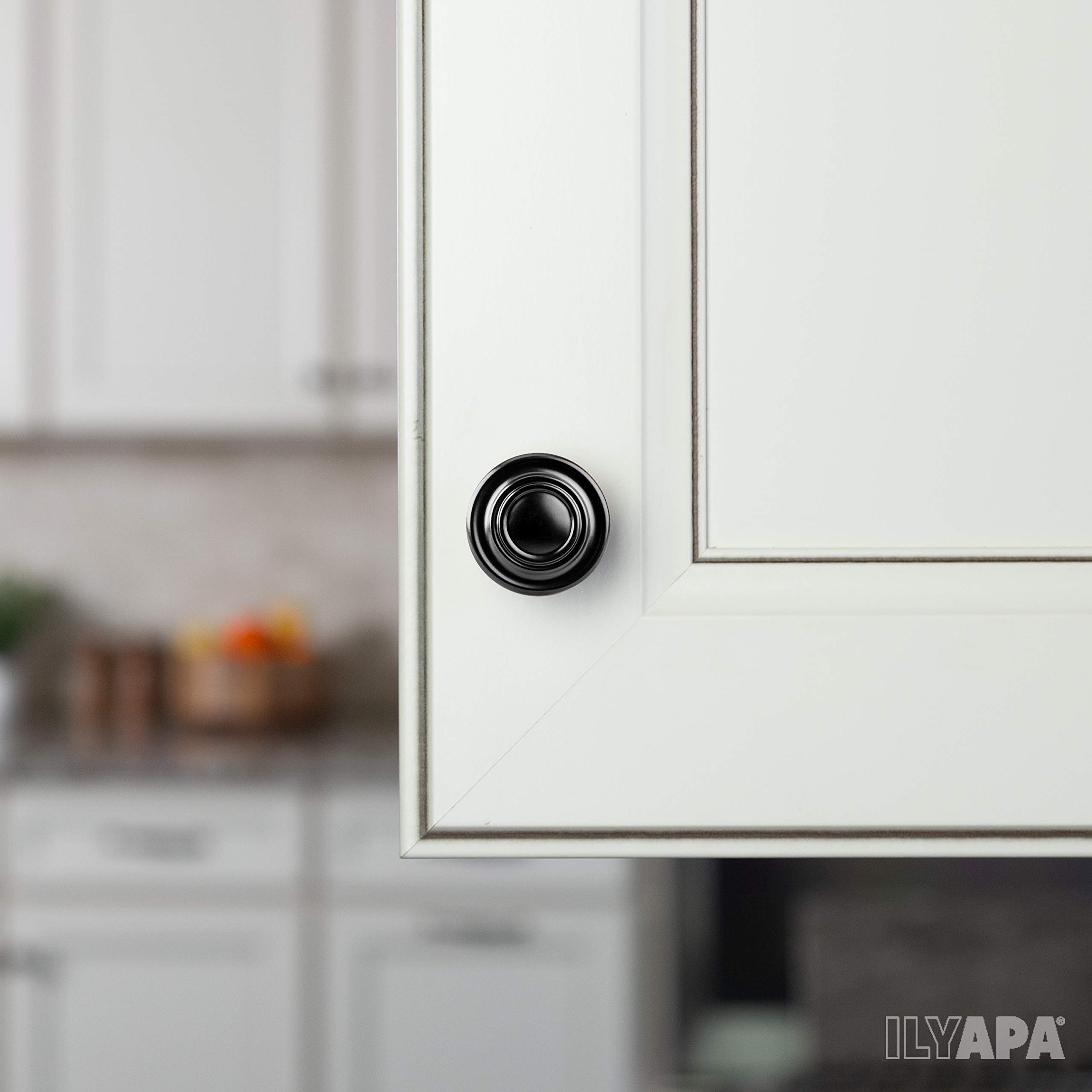 Ilyapa 10-Pack Flat Black Kitchen Cabinet Knobs - 1.25 Inch Round Ringed Drawer Pulls - Durable Cabinet Hardware for Modern Kitchens, Bathrooms & Furniture