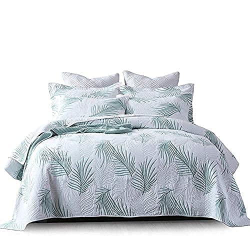 100% Raw Cotton Quilted Bedspread Throw - Green Palm Leaf 3D Embroidery Quilt | Ultra Soft Double Washed King Size Bed Cover 90x98 Inches (230x250 cm) with 2 Pillowcases 20x28 Inches (50x70 cm) | Breathable, Comfortable & Multifunctional Coverlet for Bedroom, Living Room, Sofa & Guest Room Decor