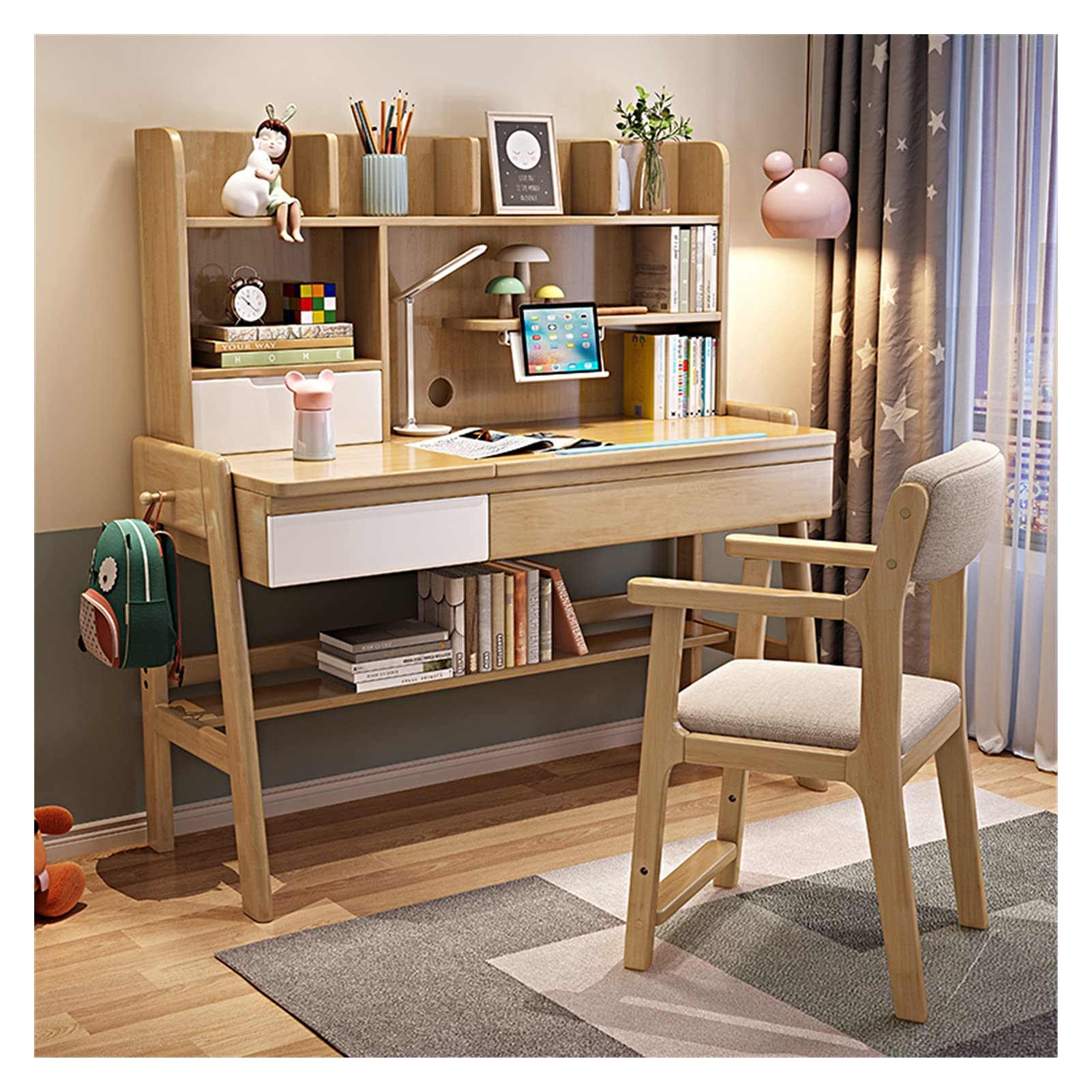 Adjustable Height Study Desk and Chair Set for Kids - Ergonomic Children's Homework Table with Lift Function for Bedroom or Home Office (Beige) - Perfect for Online Learning, Homeschooling & Craft Activities